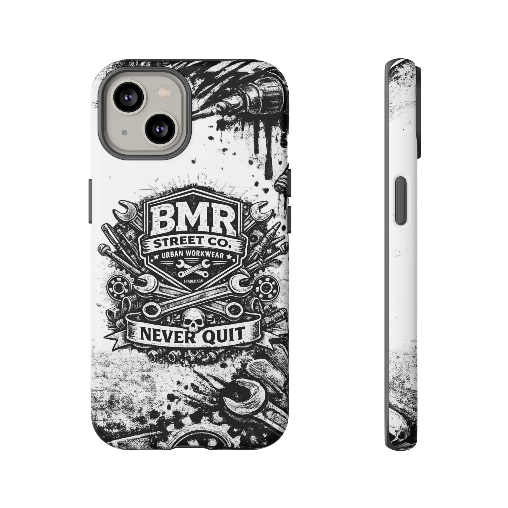 BMR Street Co. 'Never Quit' Tough Phone Case — Industrial Motorcycle Grunge Design