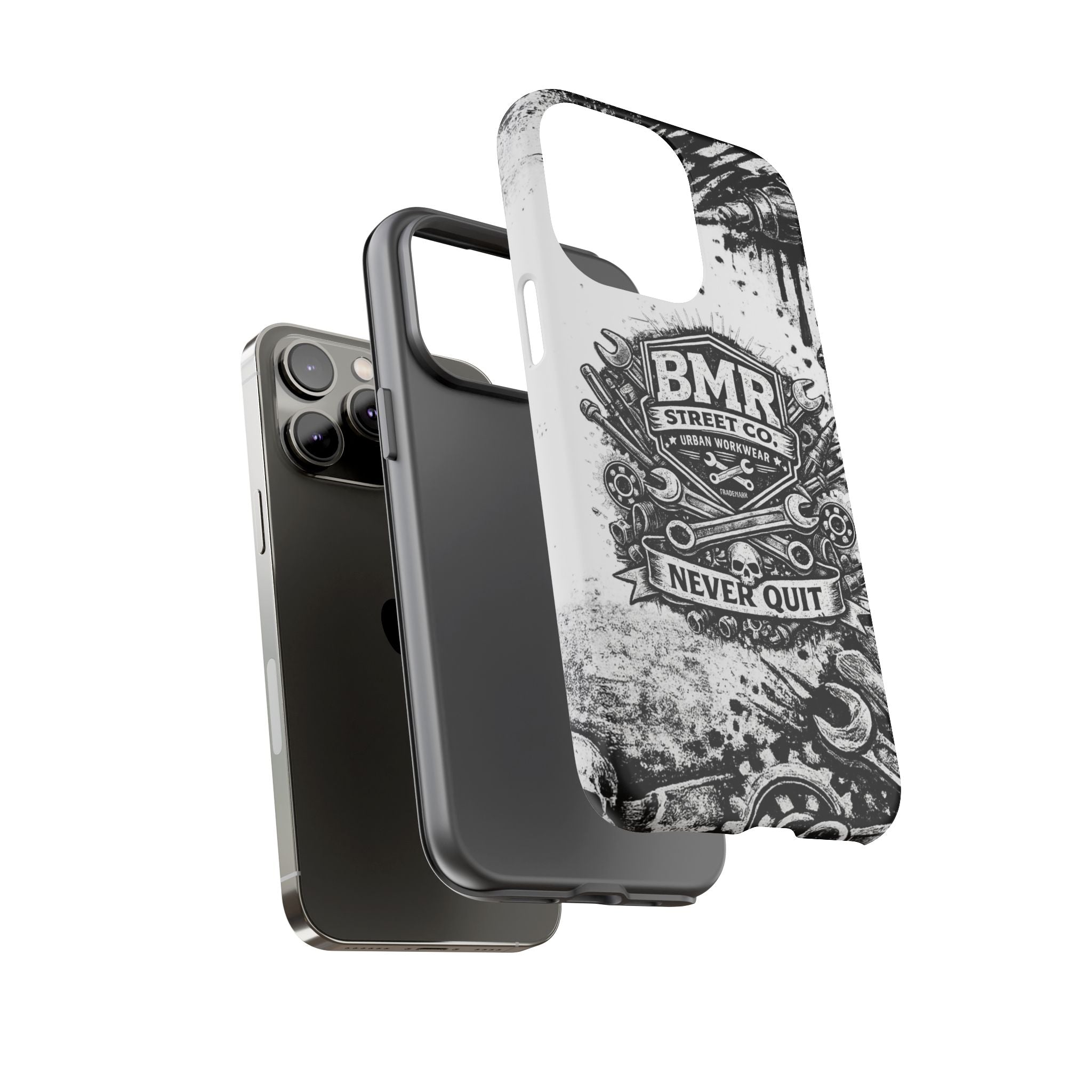 BMR Street Co. 'Never Quit' Tough Phone Case — Industrial Motorcycle Grunge Design