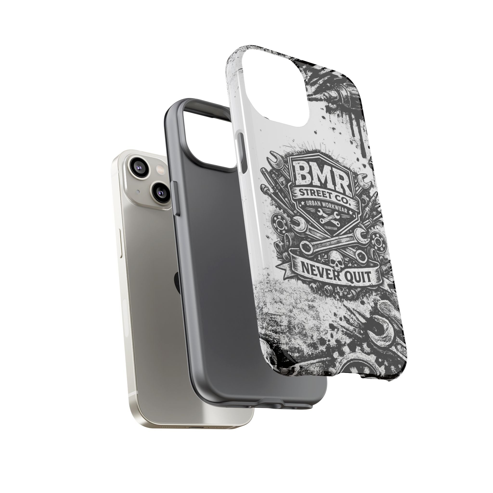 BMR Street Co. 'Never Quit' Tough Phone Case — Industrial Motorcycle Grunge Design