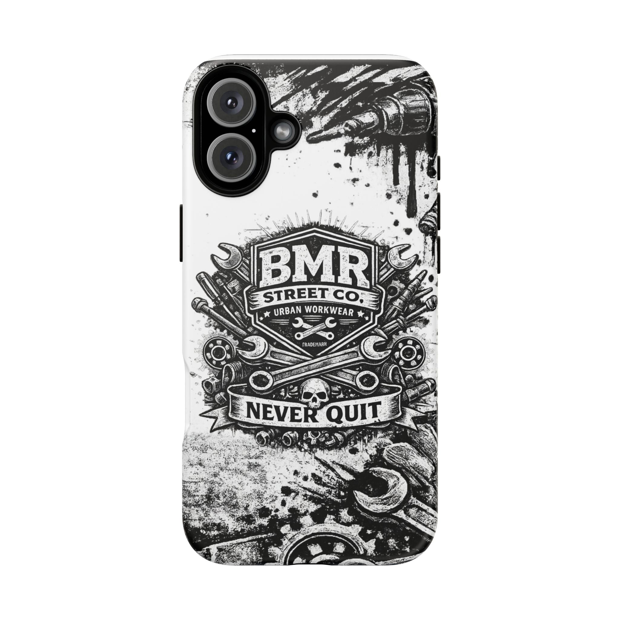 BMR Street Co. 'Never Quit' Tough Phone Case — Industrial Motorcycle Grunge Design
