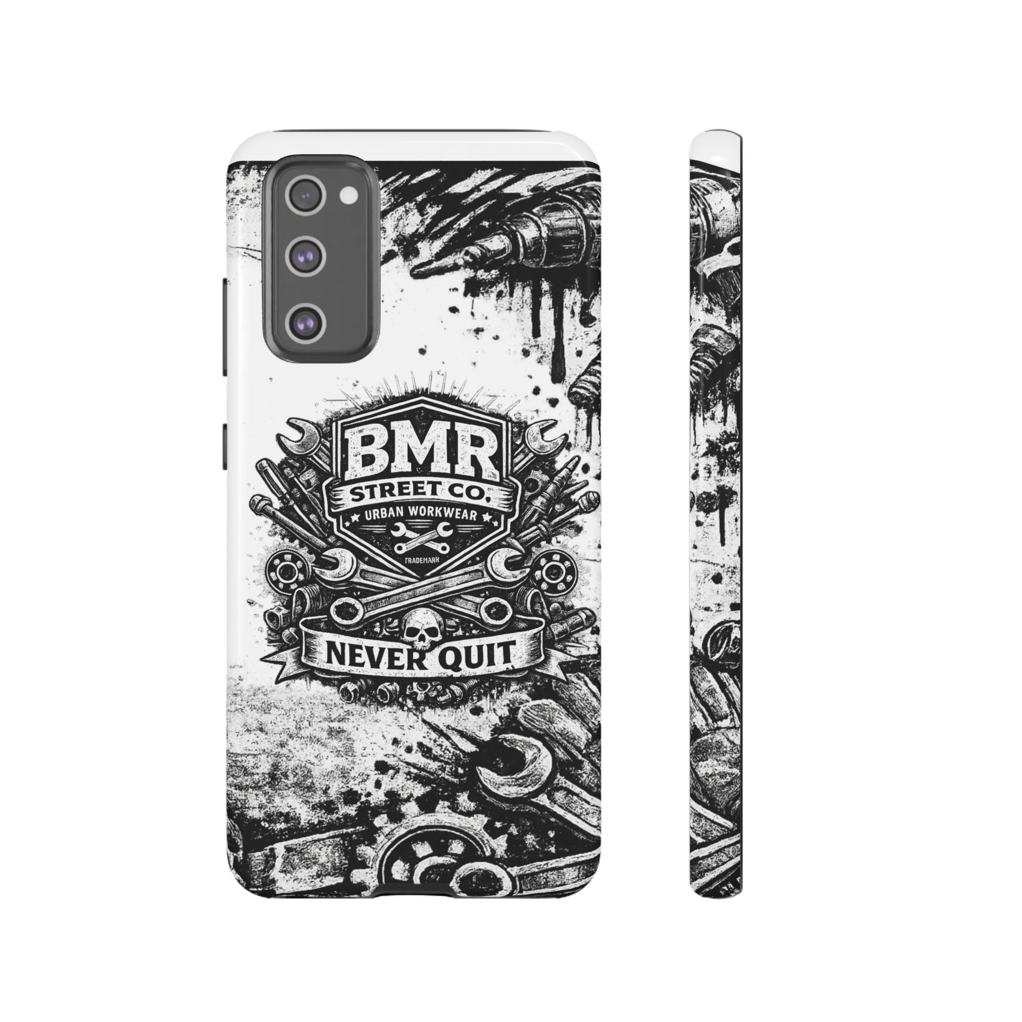 BMR Street Co. 'Never Quit' Tough Phone Case — Industrial Motorcycle Grunge Design