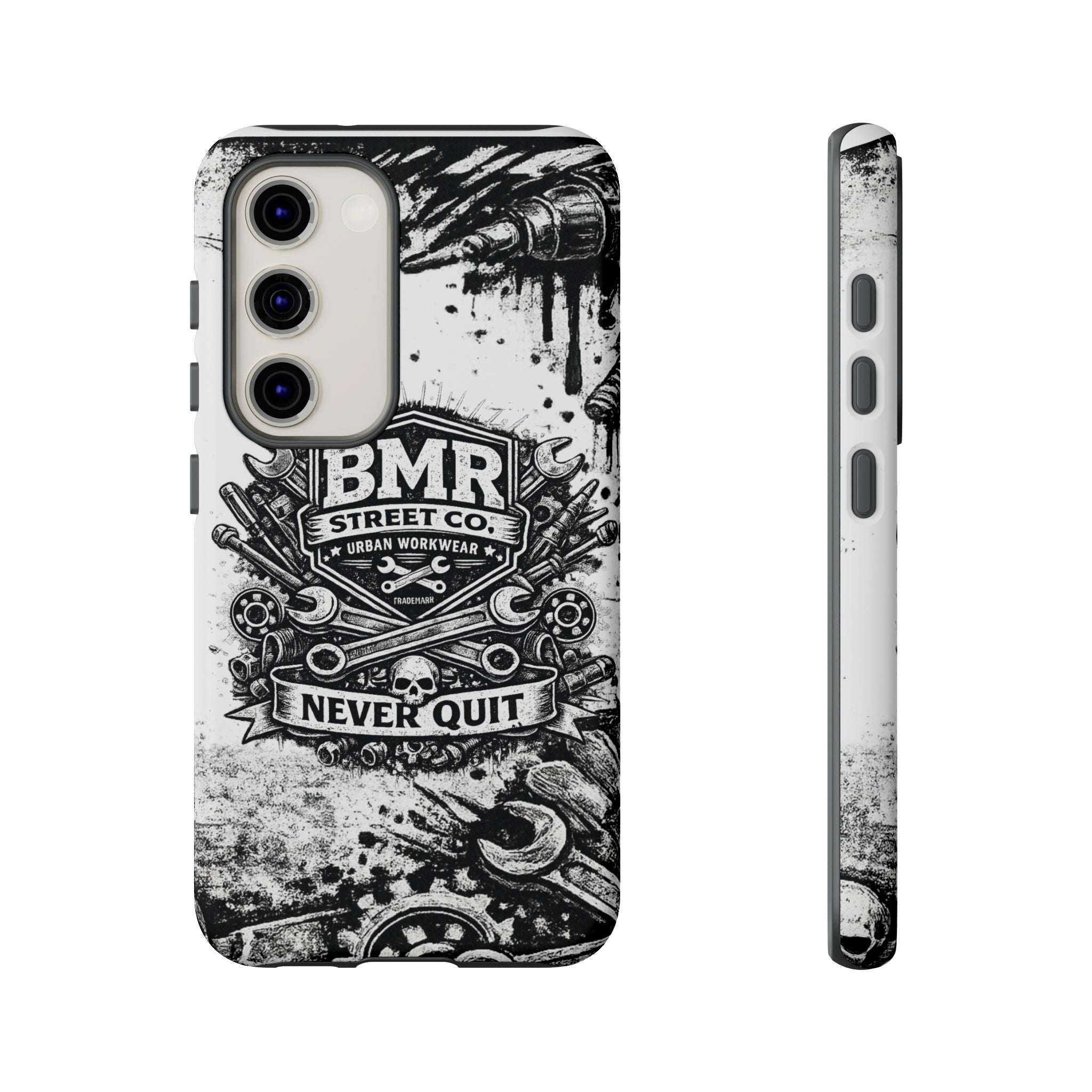 BMR Street Co. 'Never Quit' Tough Phone Case — Industrial Motorcycle Grunge Design