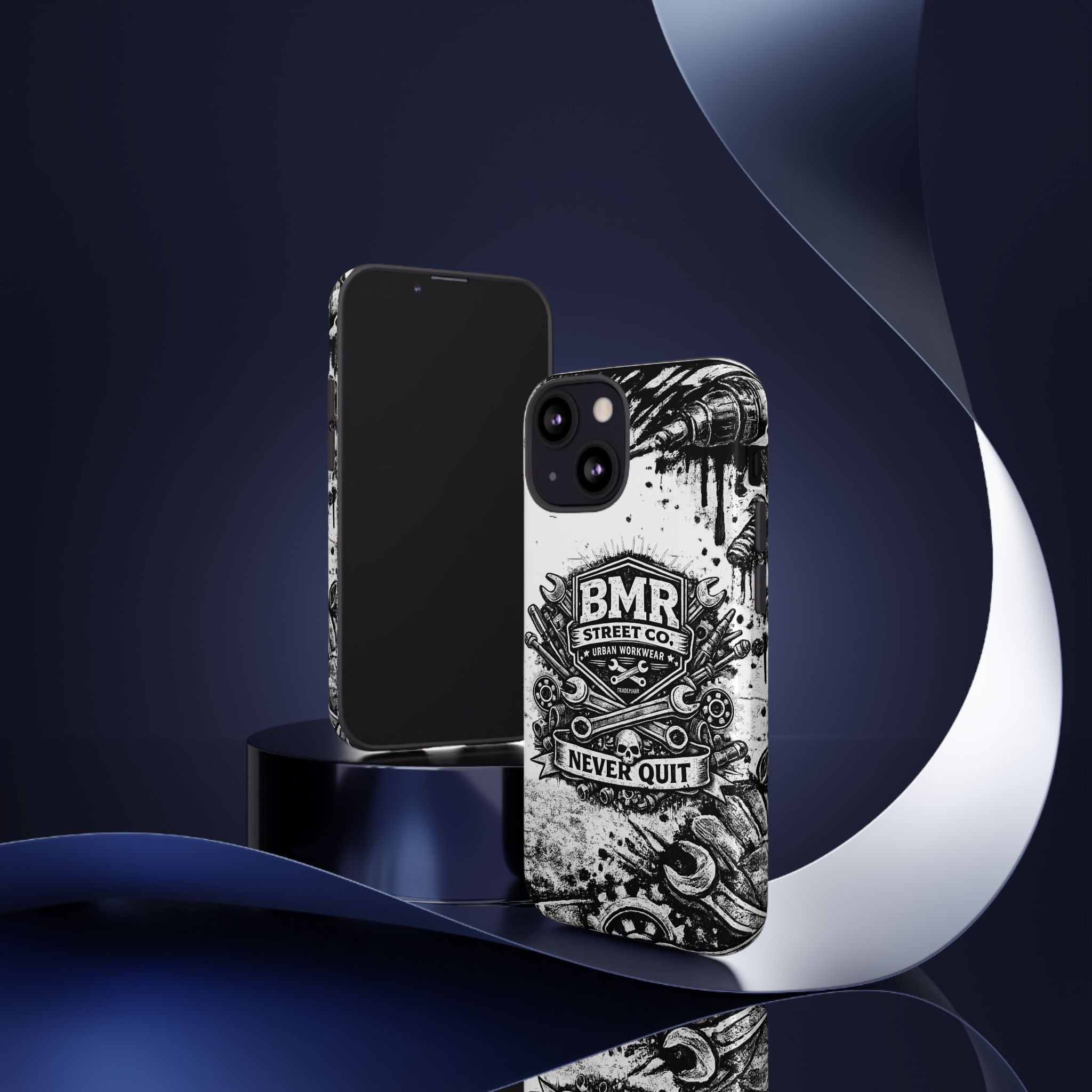 BMR Street Co. 'Never Quit' Tough Phone Case — Industrial Motorcycle Grunge Design