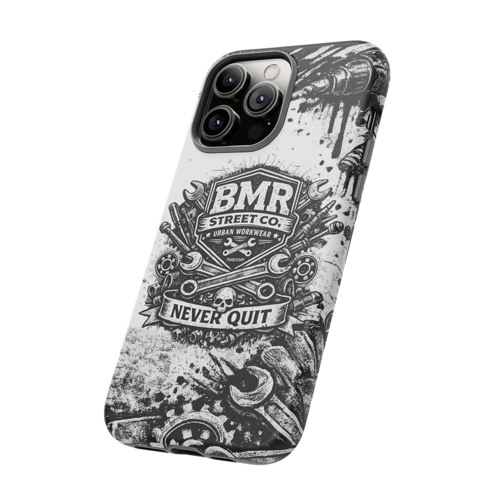 BMR Street Co. 'Never Quit' Tough Phone Case — Industrial Motorcycle Grunge Design