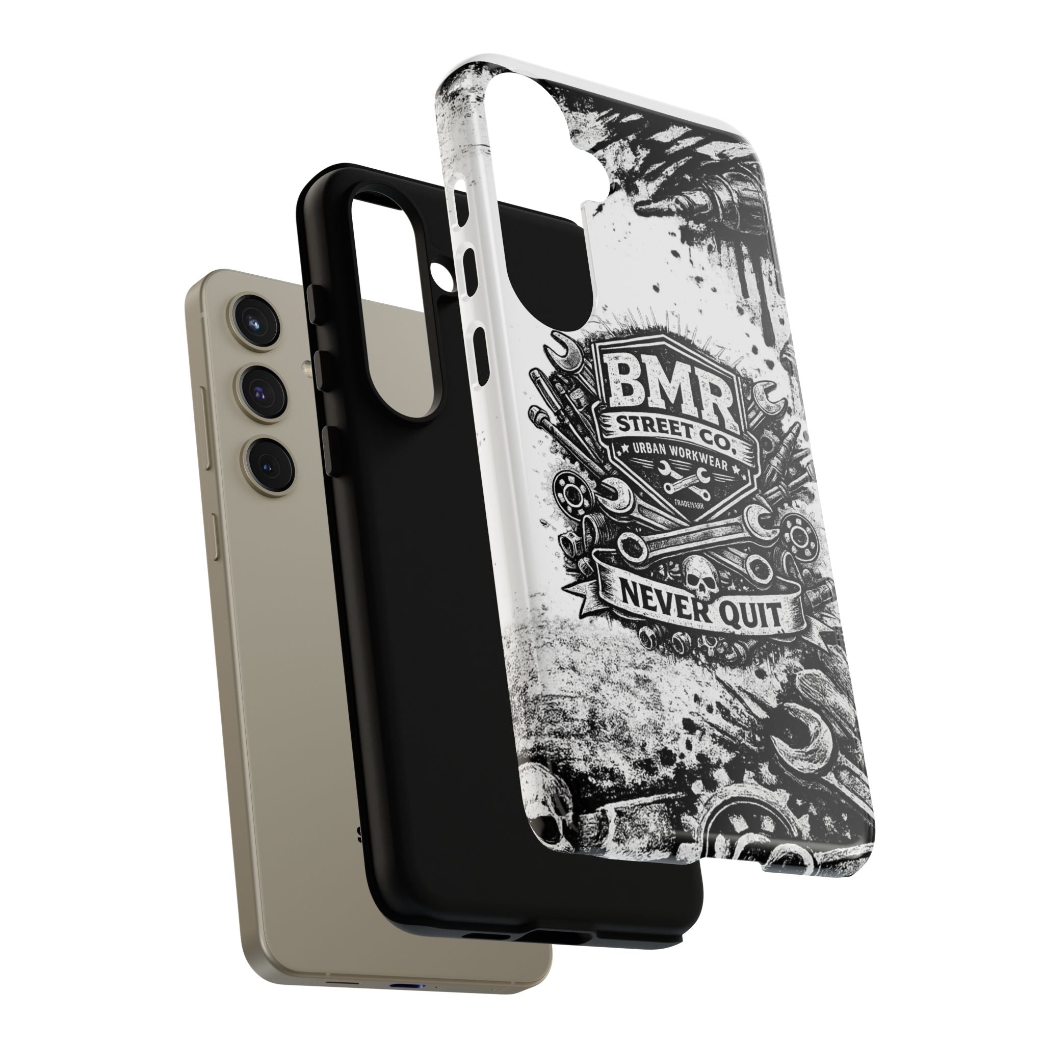 BMR Street Co. 'Never Quit' Tough Phone Case — Industrial Motorcycle Grunge Design