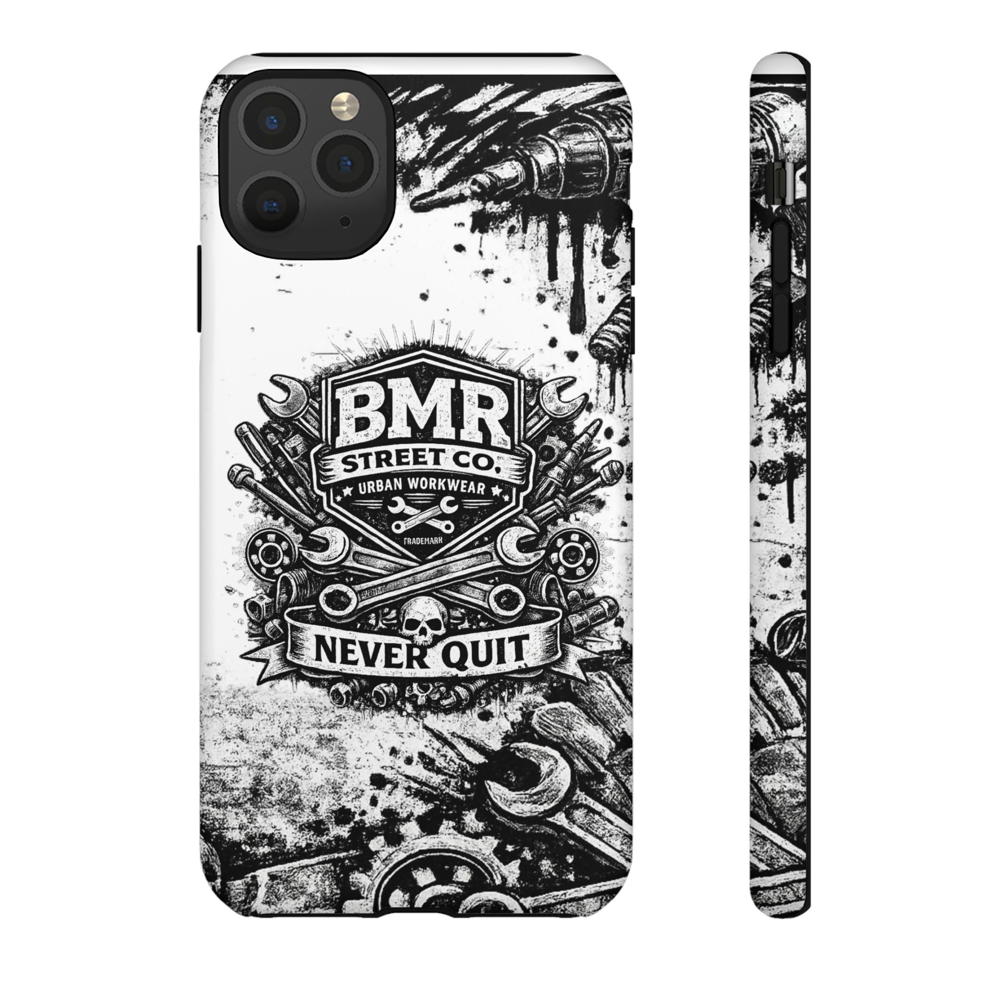 BMR Street Co. 'Never Quit' Tough Phone Case — Industrial Motorcycle Grunge Design