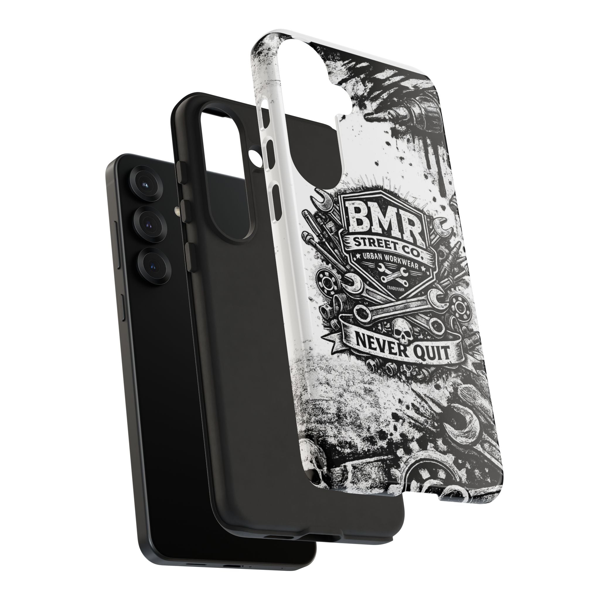 BMR Street Co. 'Never Quit' Tough Phone Case — Industrial Motorcycle Grunge Design