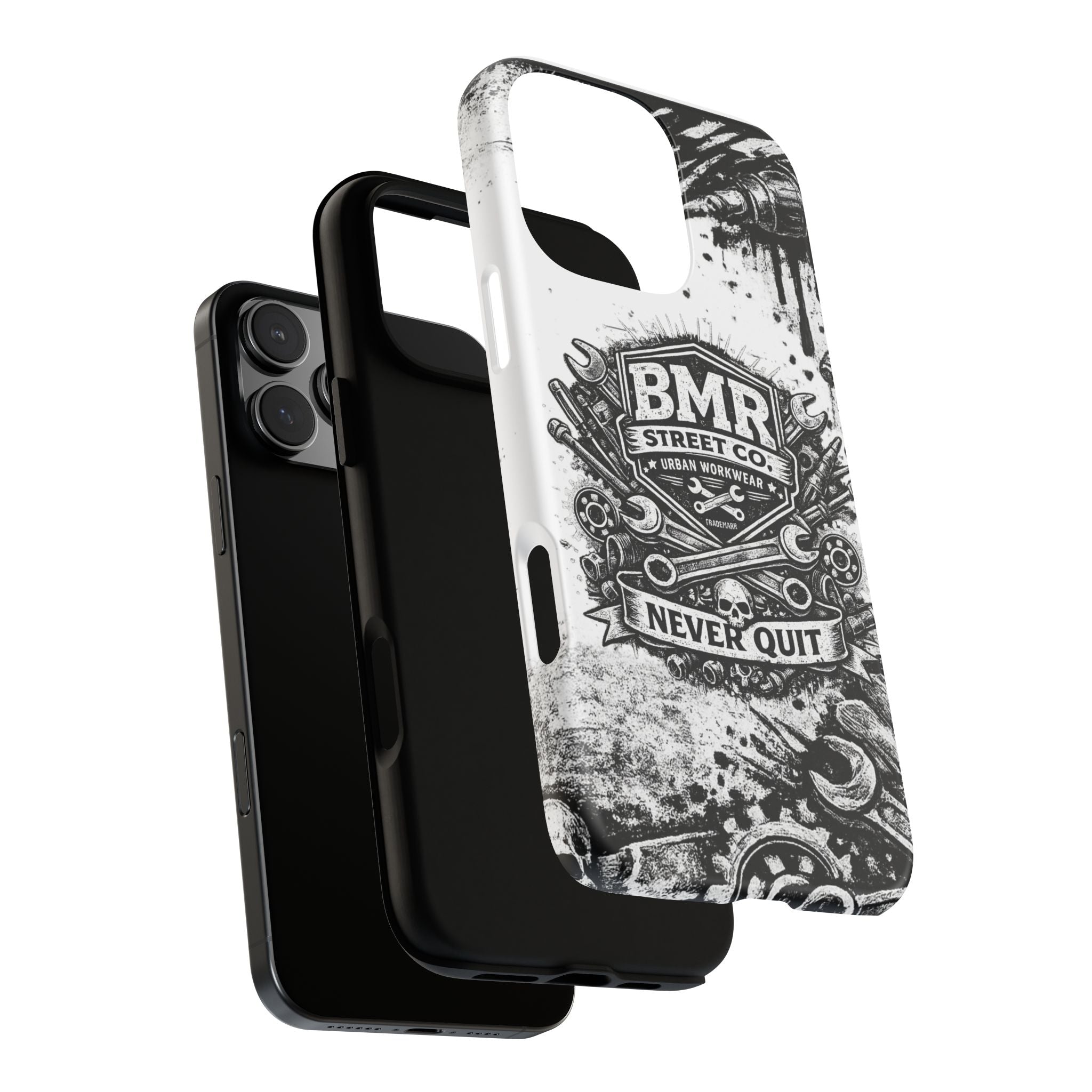 BMR Street Co. 'Never Quit' Tough Phone Case — Industrial Motorcycle Grunge Design
