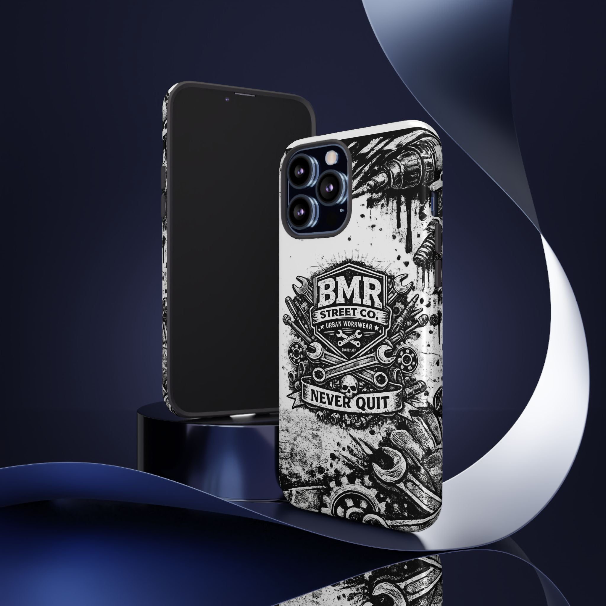 BMR Street Co. 'Never Quit' Tough Phone Case — Industrial Motorcycle Grunge Design