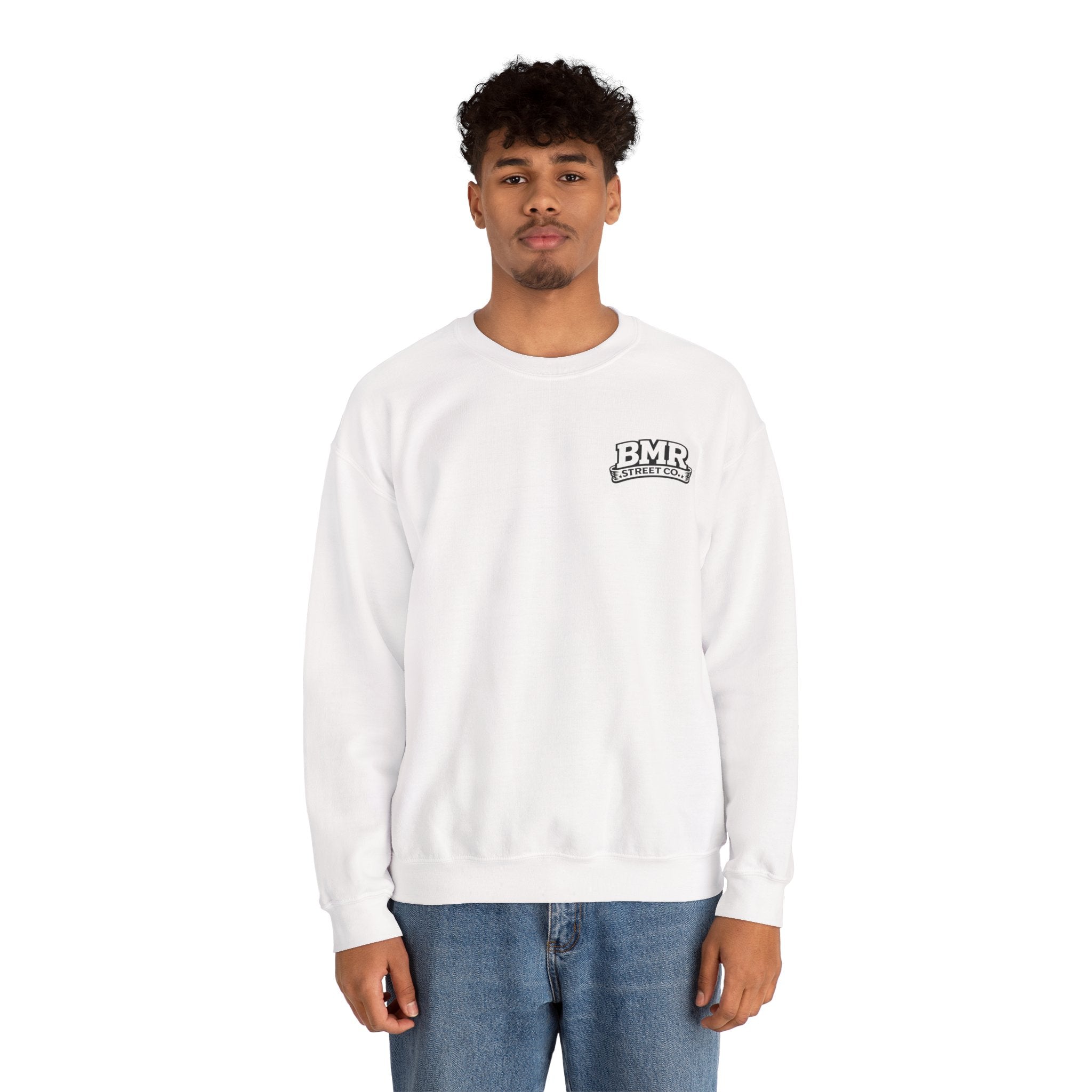 BMR Vintage Crest Crewneck Sweatshirt — White Casual Logo Pullover
