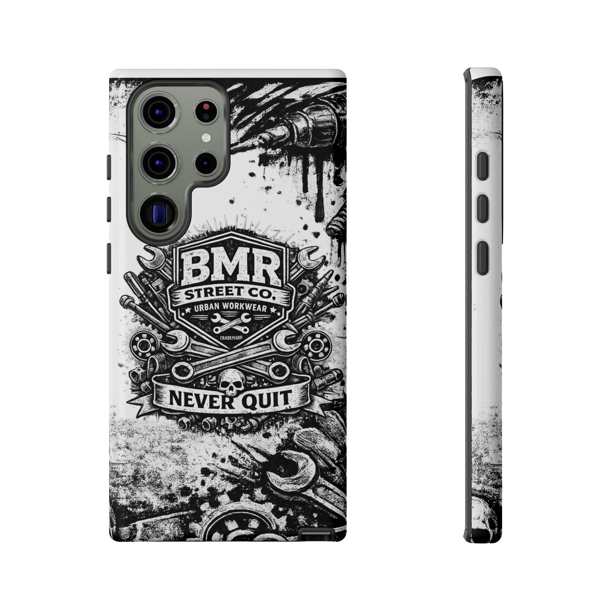 BMR Street Co. 'Never Quit' Tough Phone Case — Industrial Motorcycle Grunge Design