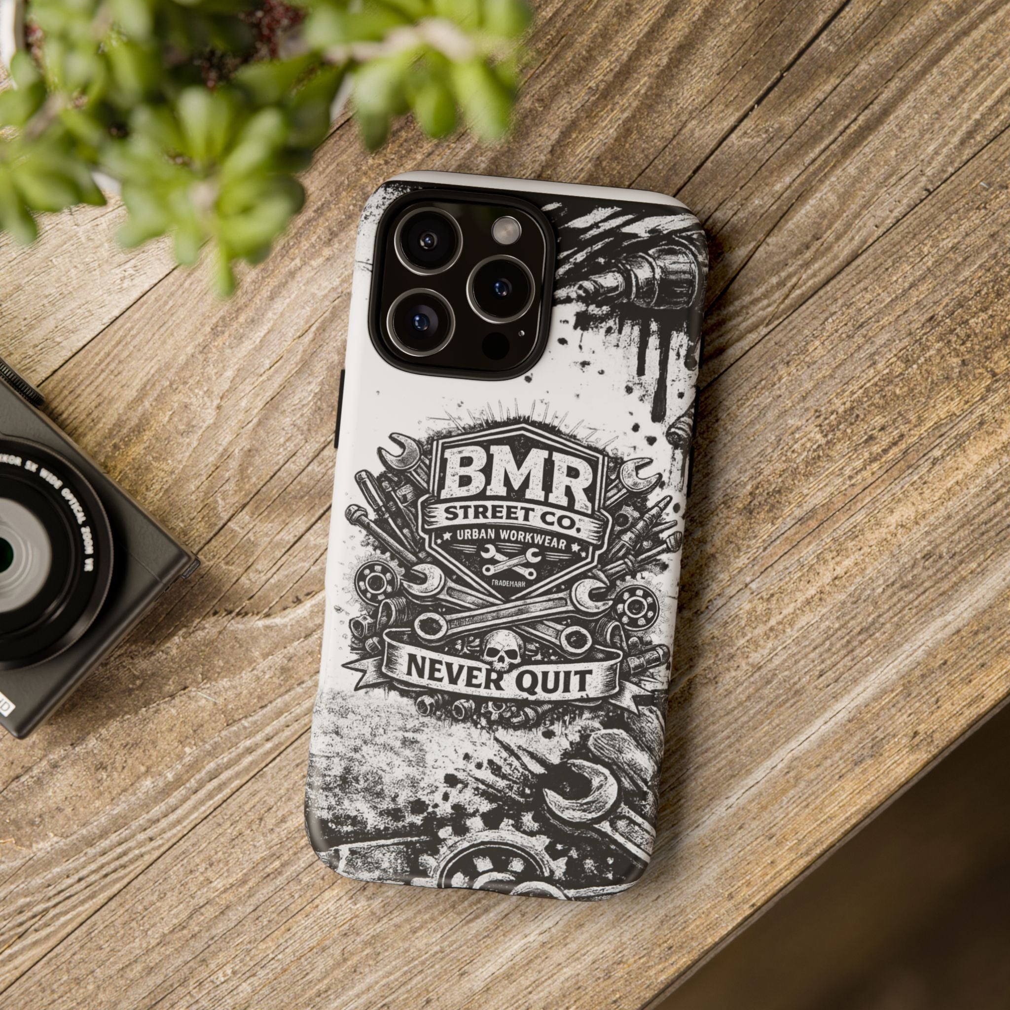 BMR Street Co. 'Never Quit' Tough Phone Case — Industrial Motorcycle Grunge Design