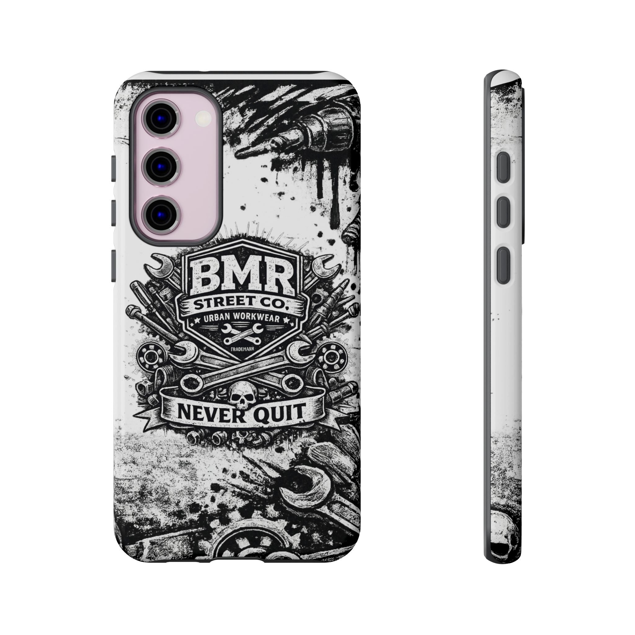 BMR Street Co. 'Never Quit' Tough Phone Case — Industrial Motorcycle Grunge Design