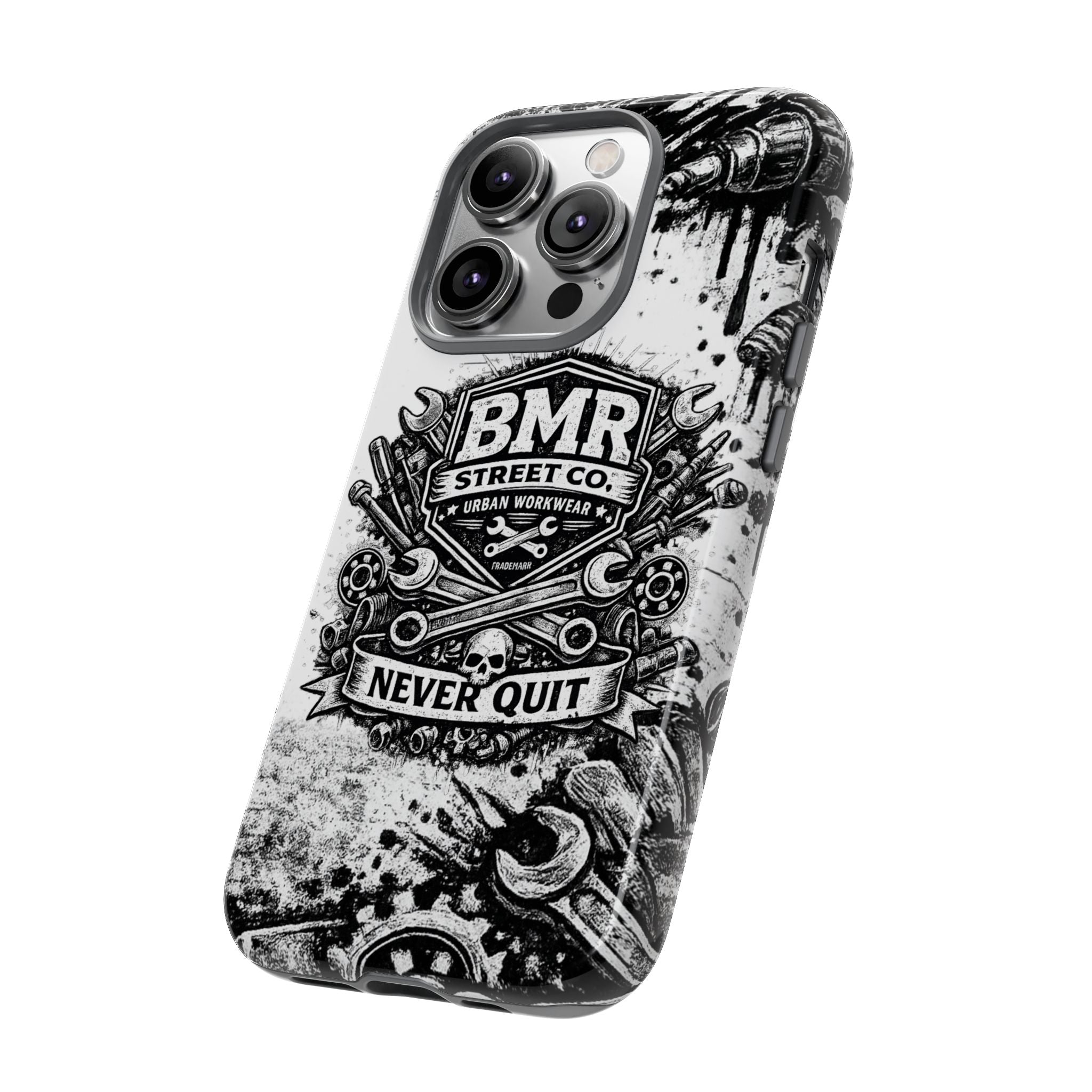 BMR Street Co. 'Never Quit' Tough Phone Case — Industrial Motorcycle Grunge Design