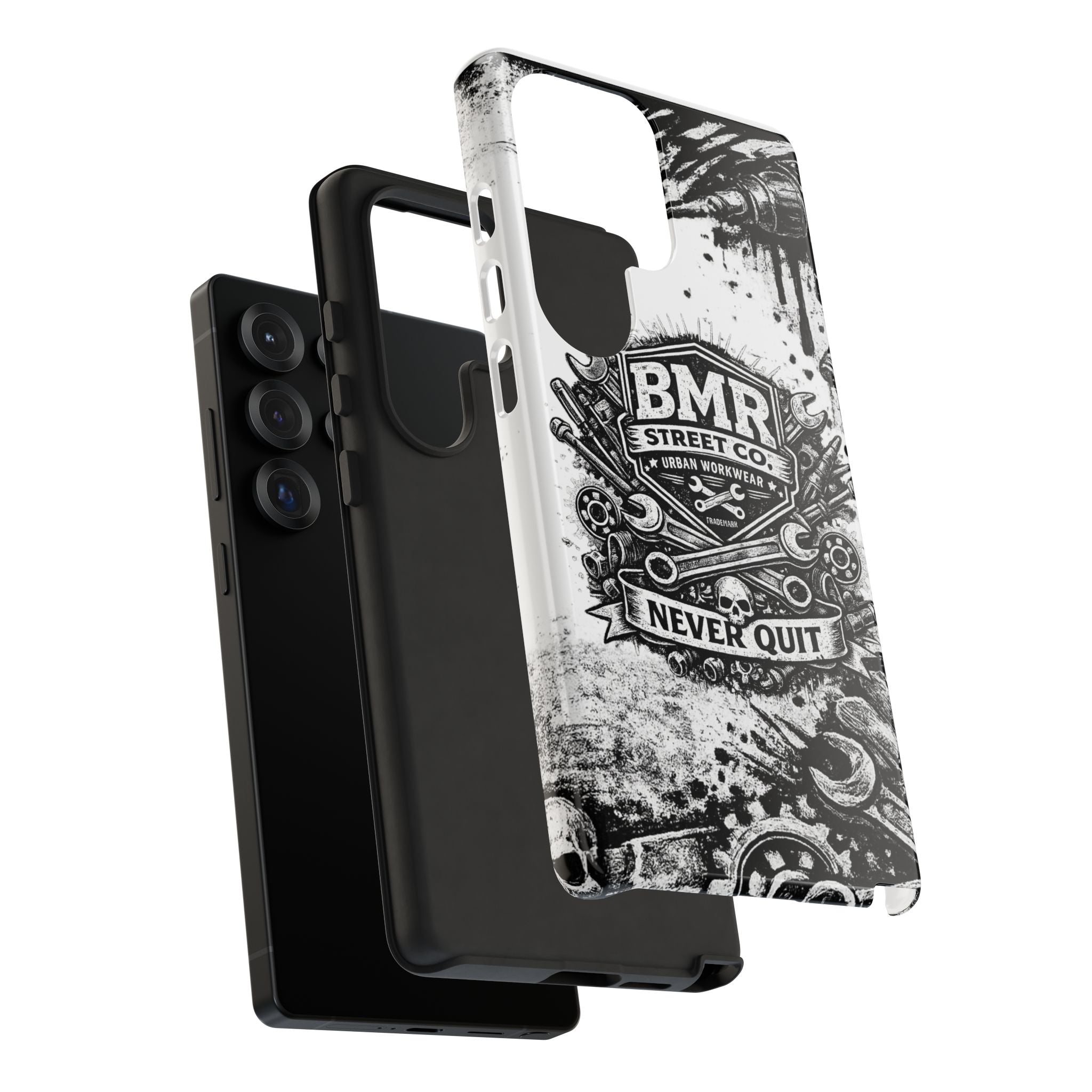 BMR Street Co. 'Never Quit' Tough Phone Case — Industrial Motorcycle Grunge Design
