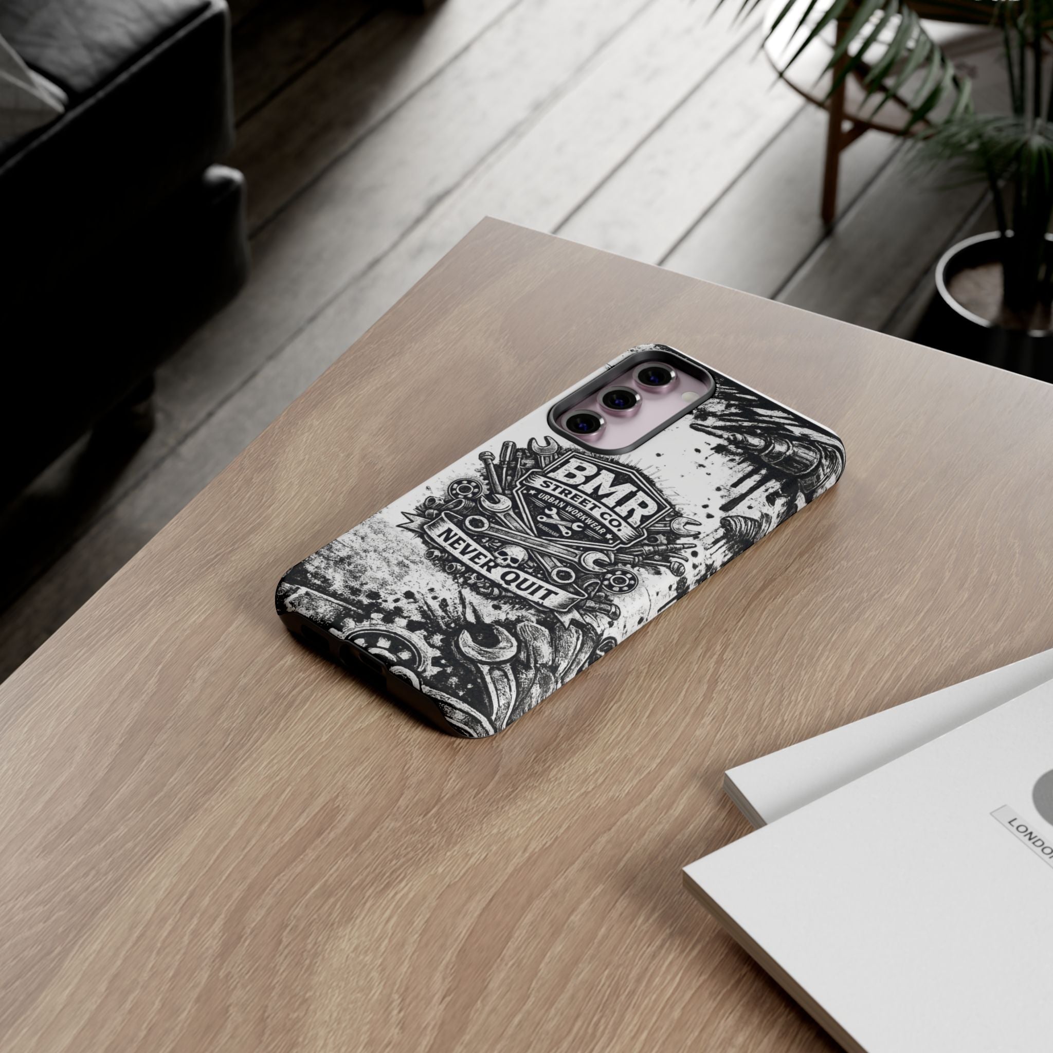 BMR Street Co. 'Never Quit' Tough Phone Case — Industrial Motorcycle Grunge Design