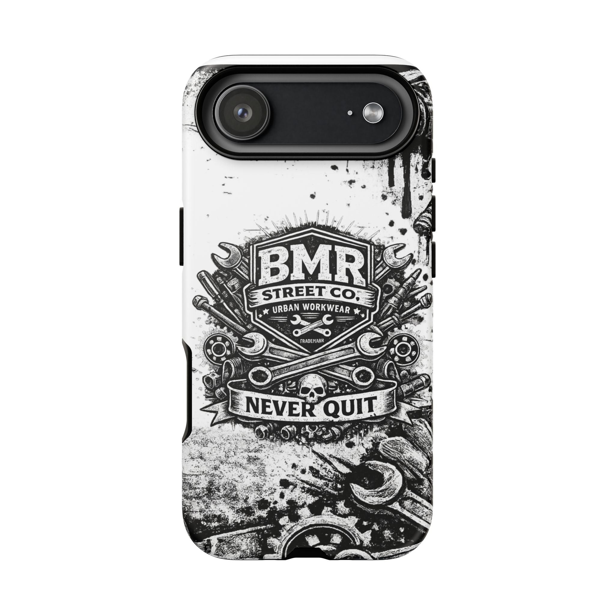 BMR Street Co. 'Never Quit' Tough Phone Case — Industrial Motorcycle Grunge Design