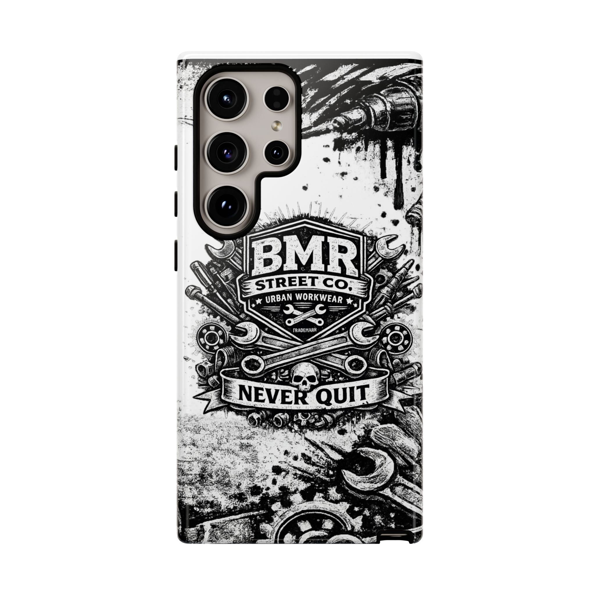 BMR Street Co. 'Never Quit' Tough Phone Case — Industrial Motorcycle Grunge Design