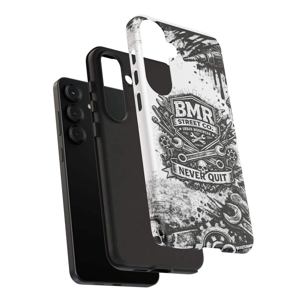 BMR Street Co. 'Never Quit' Tough Phone Case — Industrial Motorcycle Grunge Design