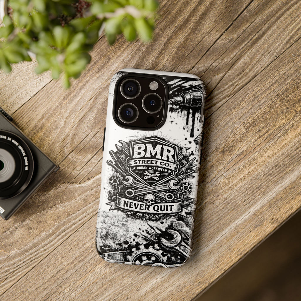 BMR Street Co. 'Never Quit' Tough Phone Case — Industrial Motorcycle Grunge Design