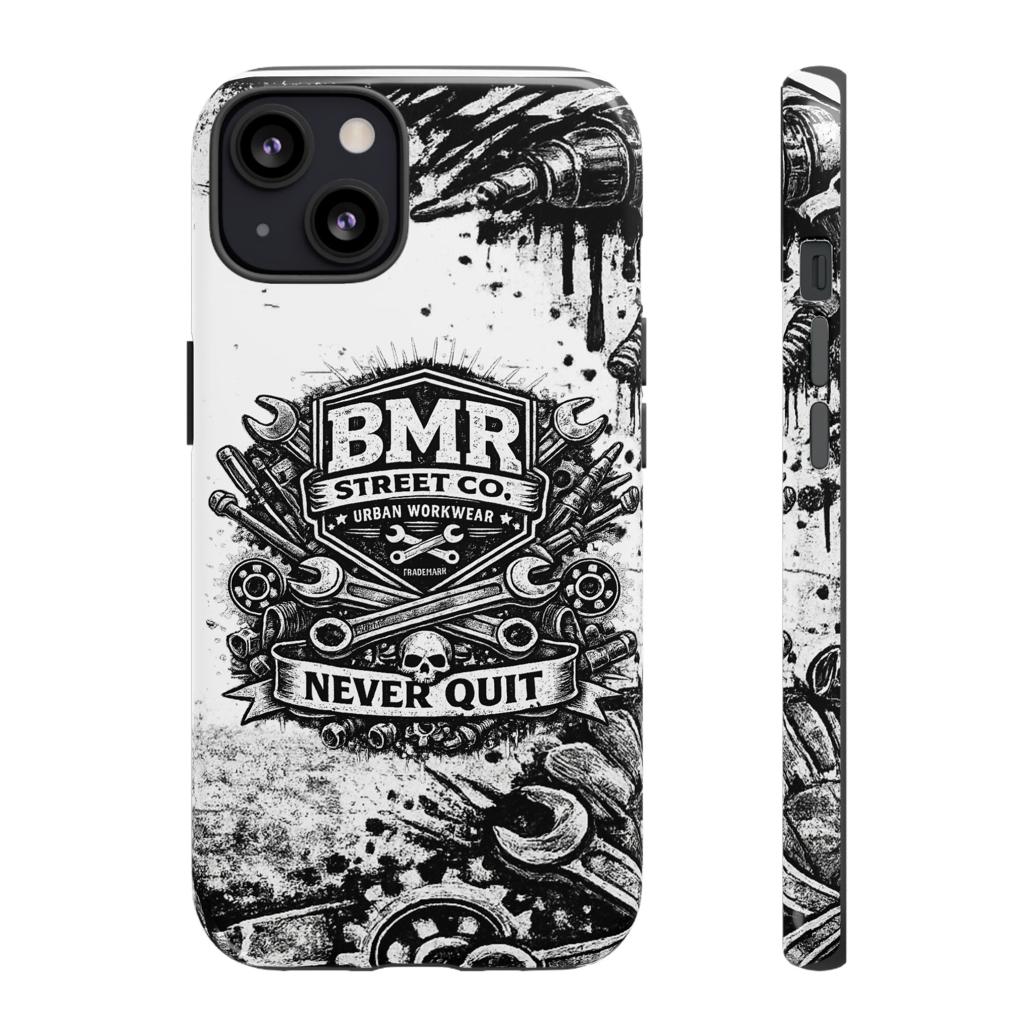 BMR Street Co. 'Never Quit' Tough Phone Case — Industrial Motorcycle Grunge Design