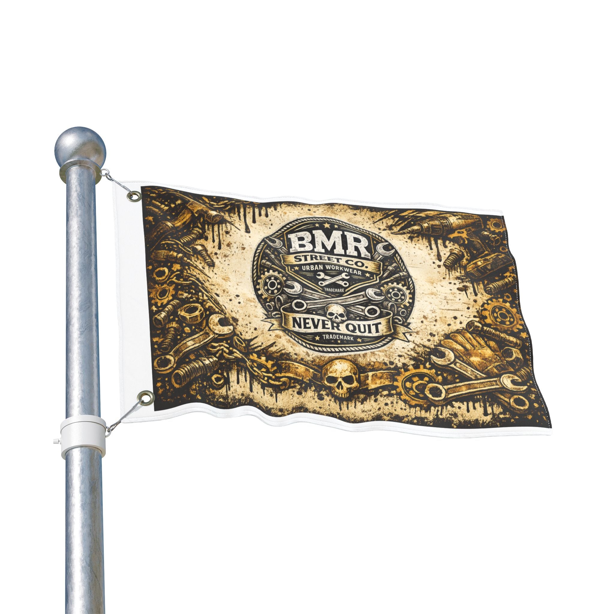 BMR Street Co. Vintage Motorcycle Skull Flag — Double-Sided Garage Banner