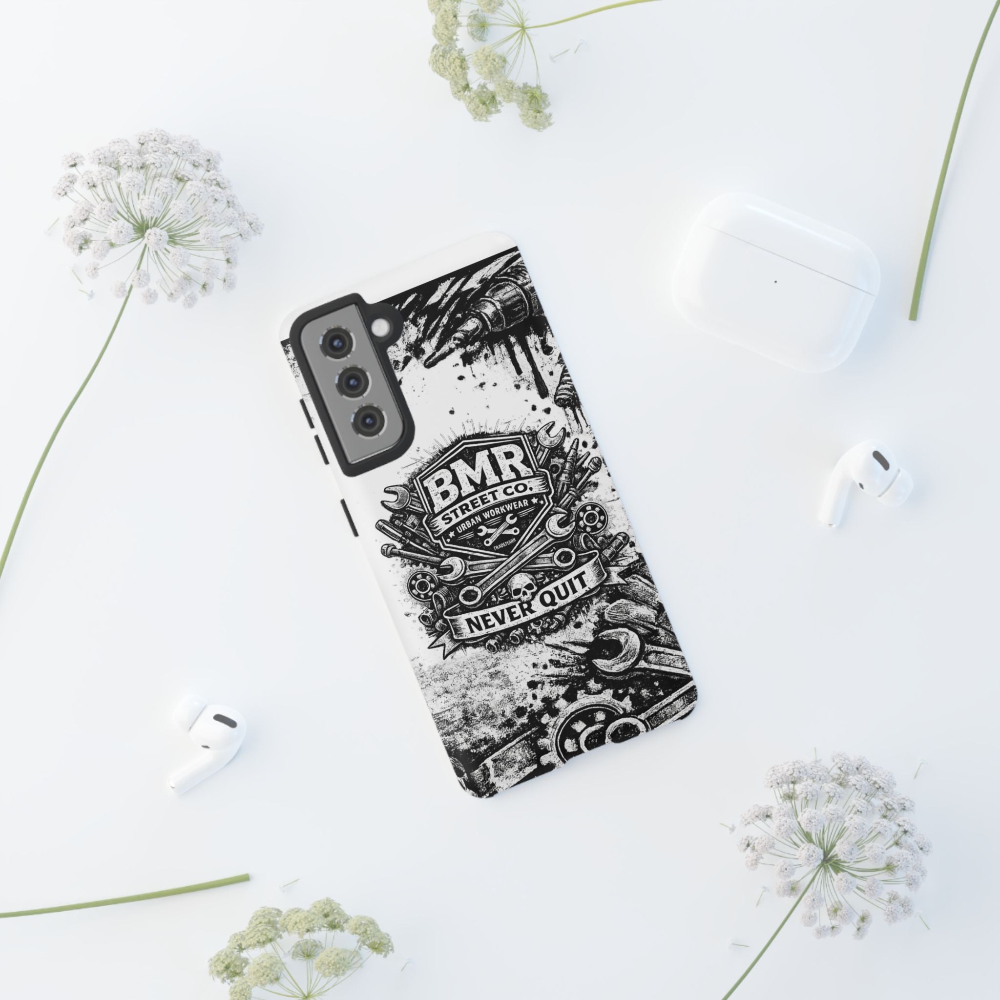 BMR Street Co. 'Never Quit' Tough Phone Case — Industrial Motorcycle Grunge Design