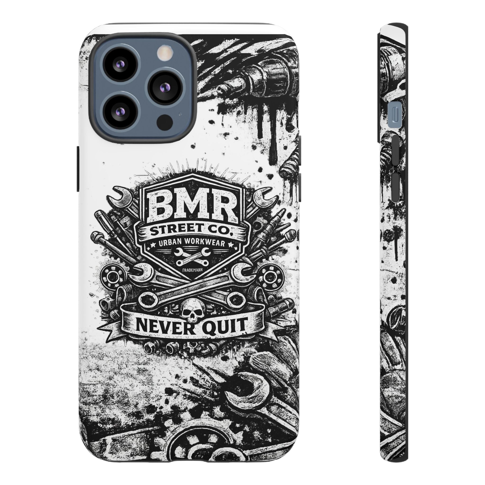 BMR Street Co. 'Never Quit' Tough Phone Case — Industrial Motorcycle Grunge Design