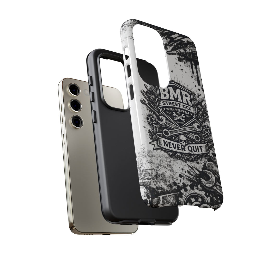 BMR Street Co. 'Never Quit' Tough Phone Case — Industrial Motorcycle Grunge Design