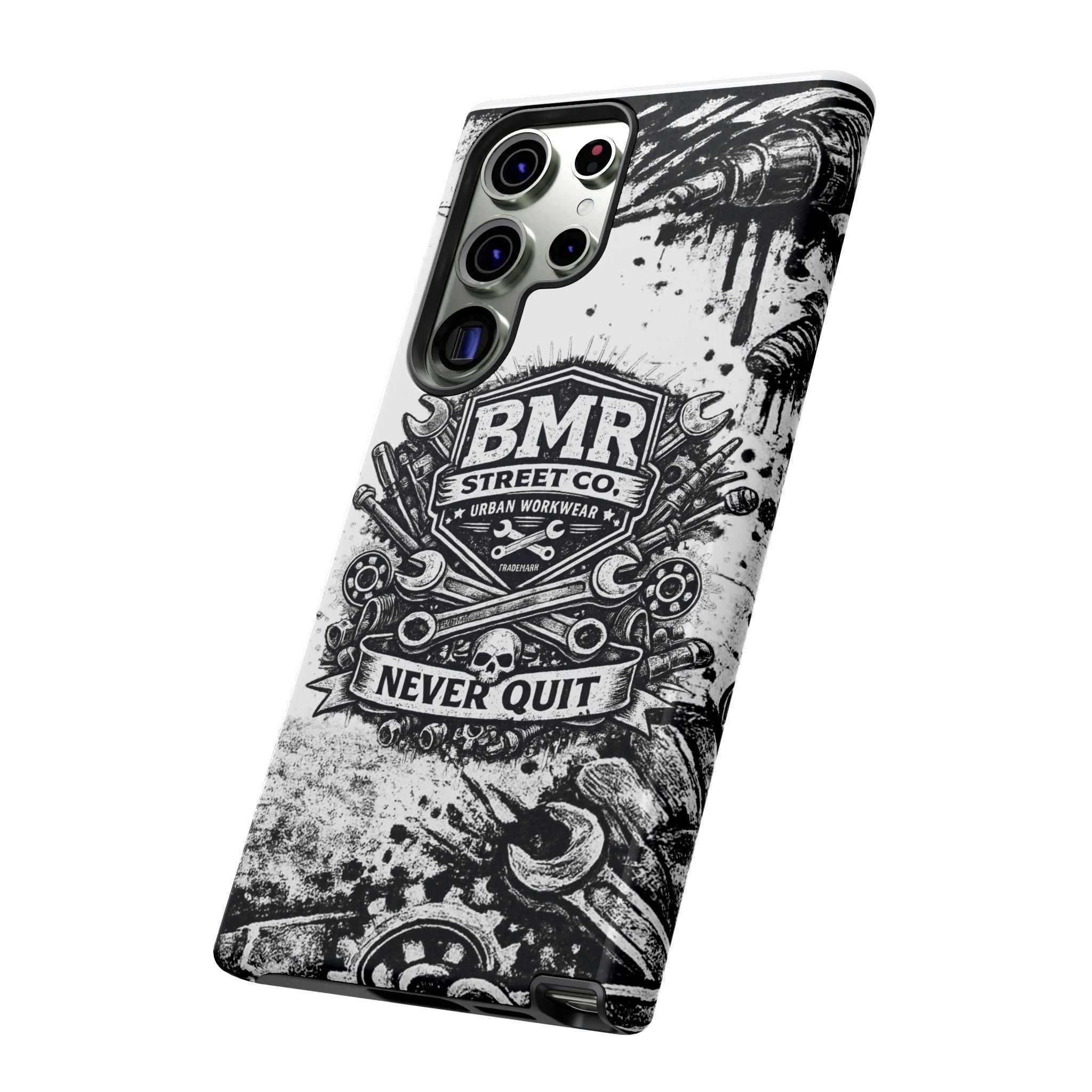 BMR Street Co. 'Never Quit' Tough Phone Case — Industrial Motorcycle Grunge Design