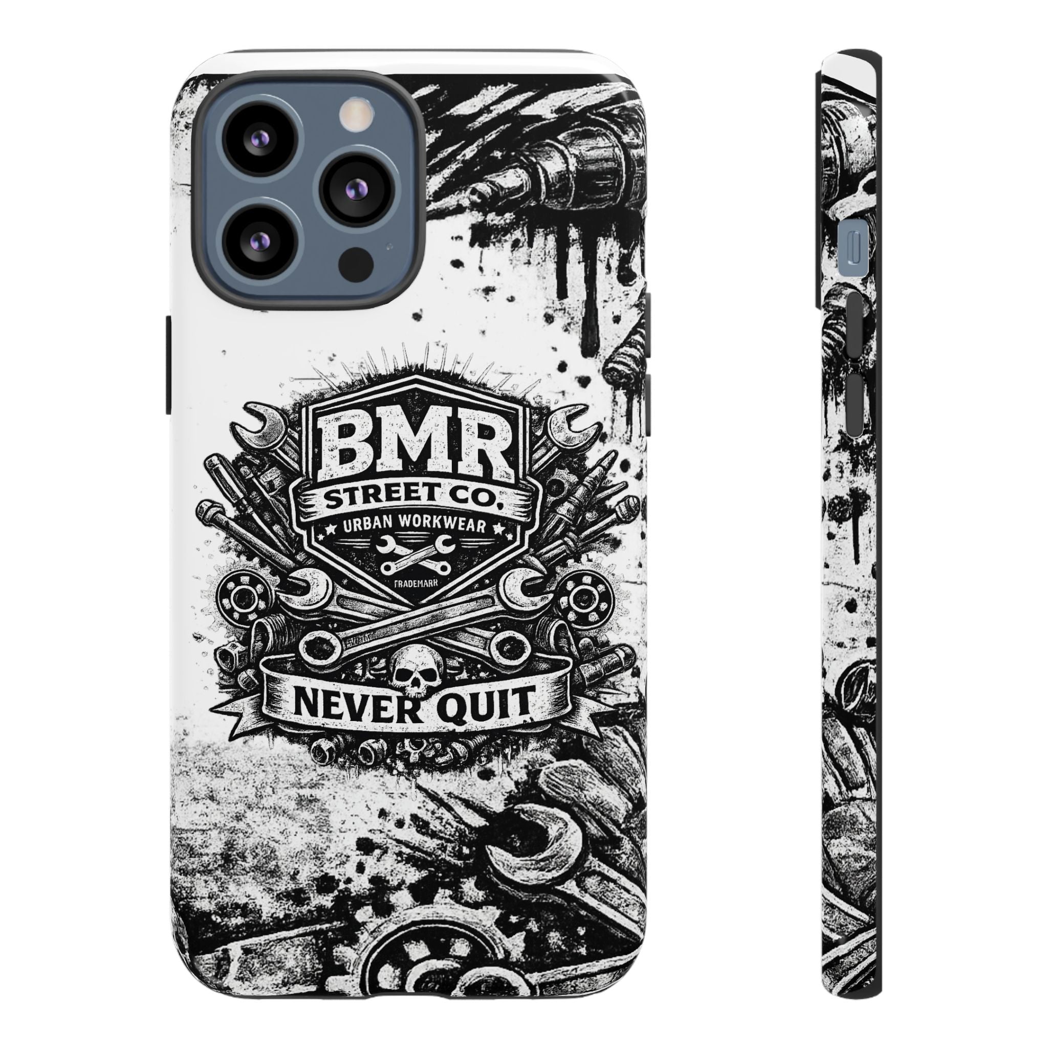 BMR Street Co. 'Never Quit' Tough Phone Case — Industrial Motorcycle Grunge Design
