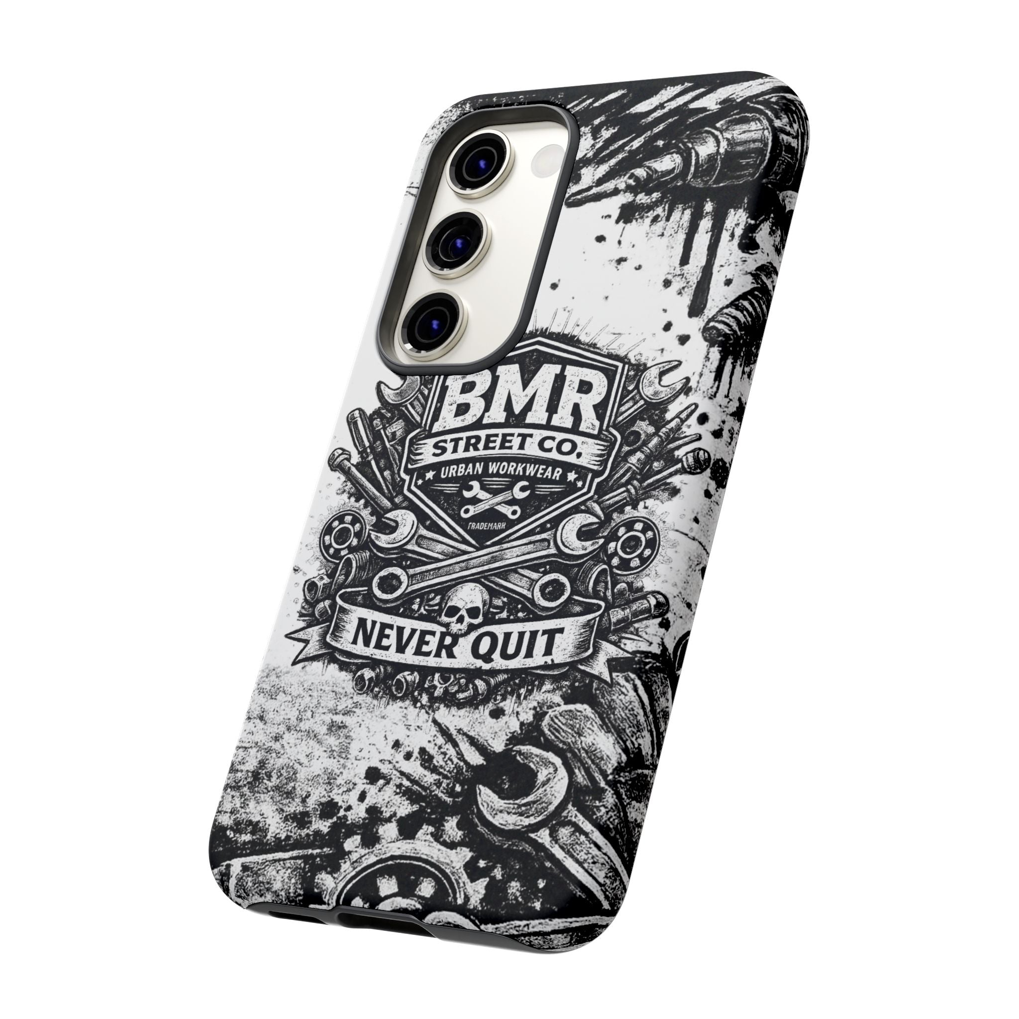 BMR Street Co. 'Never Quit' Tough Phone Case — Industrial Motorcycle Grunge Design