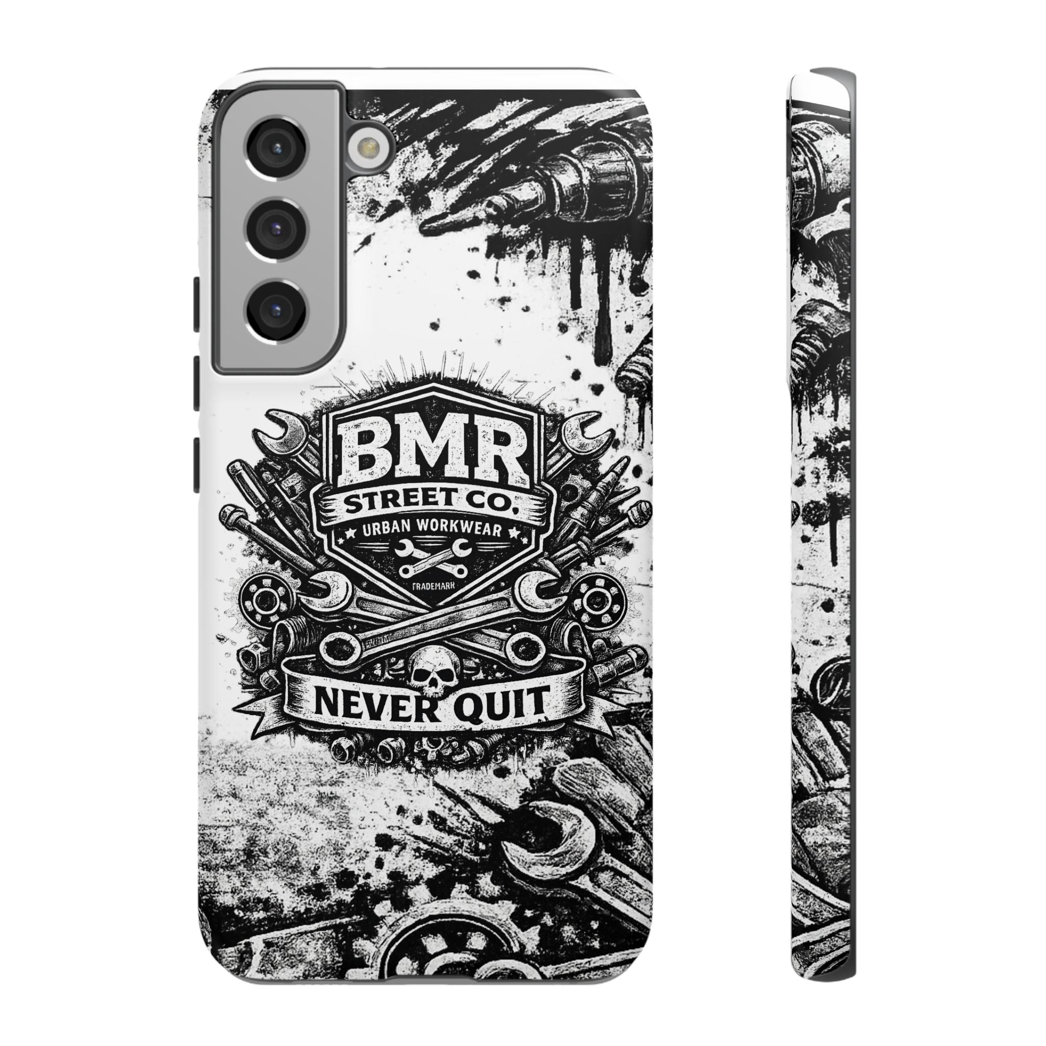 BMR Street Co. 'Never Quit' Tough Phone Case — Industrial Motorcycle Grunge Design