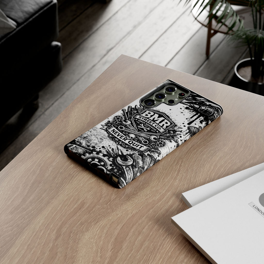 BMR Street Co. 'Never Quit' Tough Phone Case — Industrial Motorcycle Grunge Design