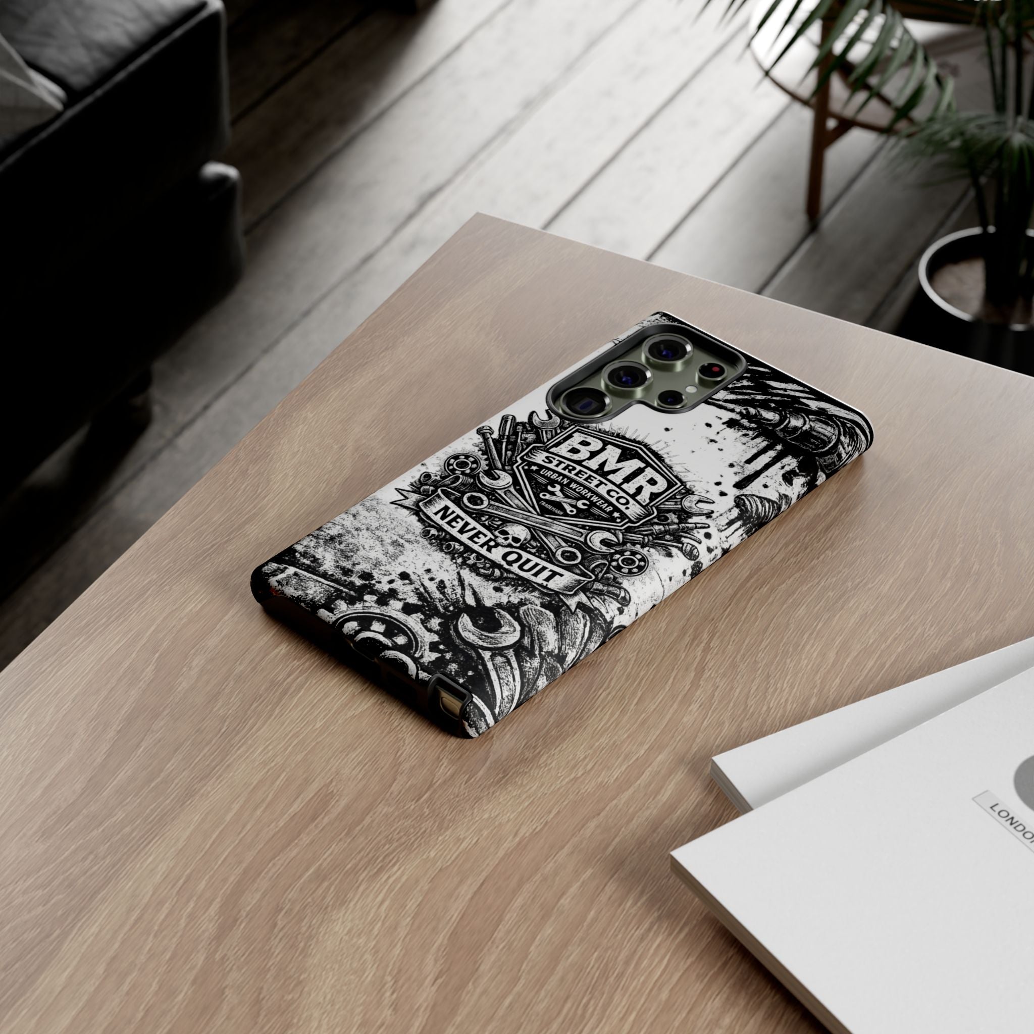 BMR Street Co. 'Never Quit' Tough Phone Case — Industrial Motorcycle Grunge Design