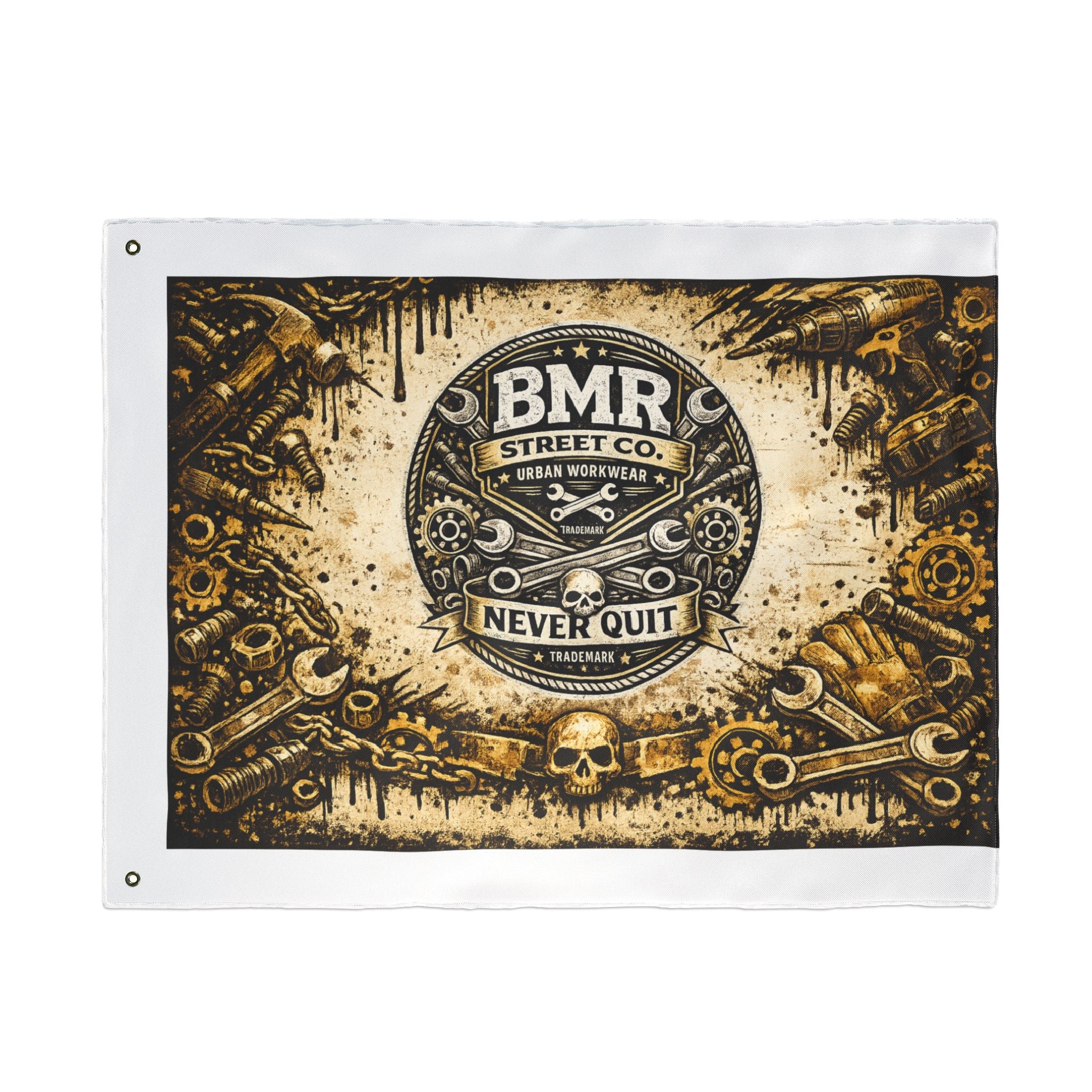BMR Street Co. Vintage Motorcycle Skull Flag — Double-Sided Garage Banner
