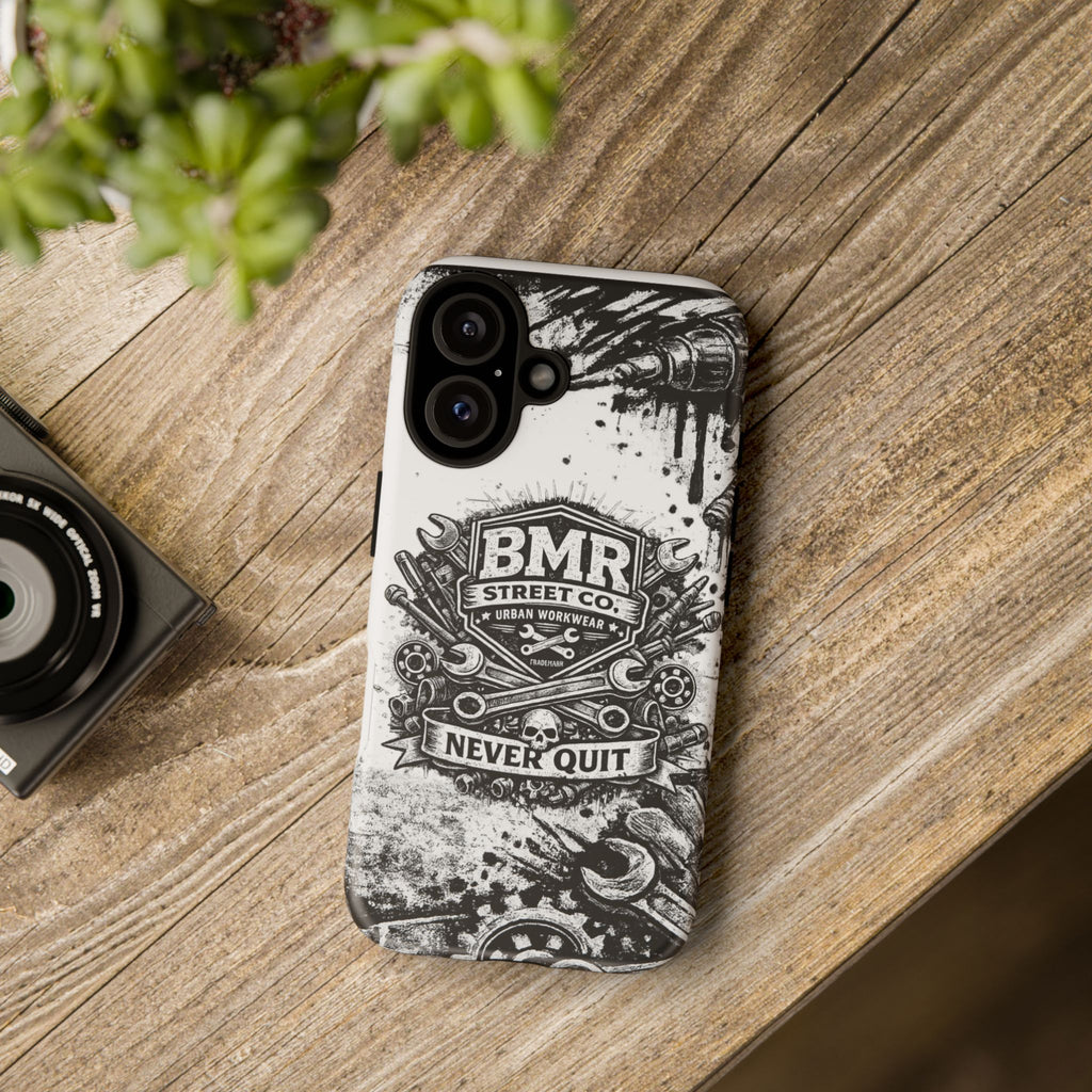 BMR Street Co. 'Never Quit' Tough Phone Case — Industrial Motorcycle Grunge Design