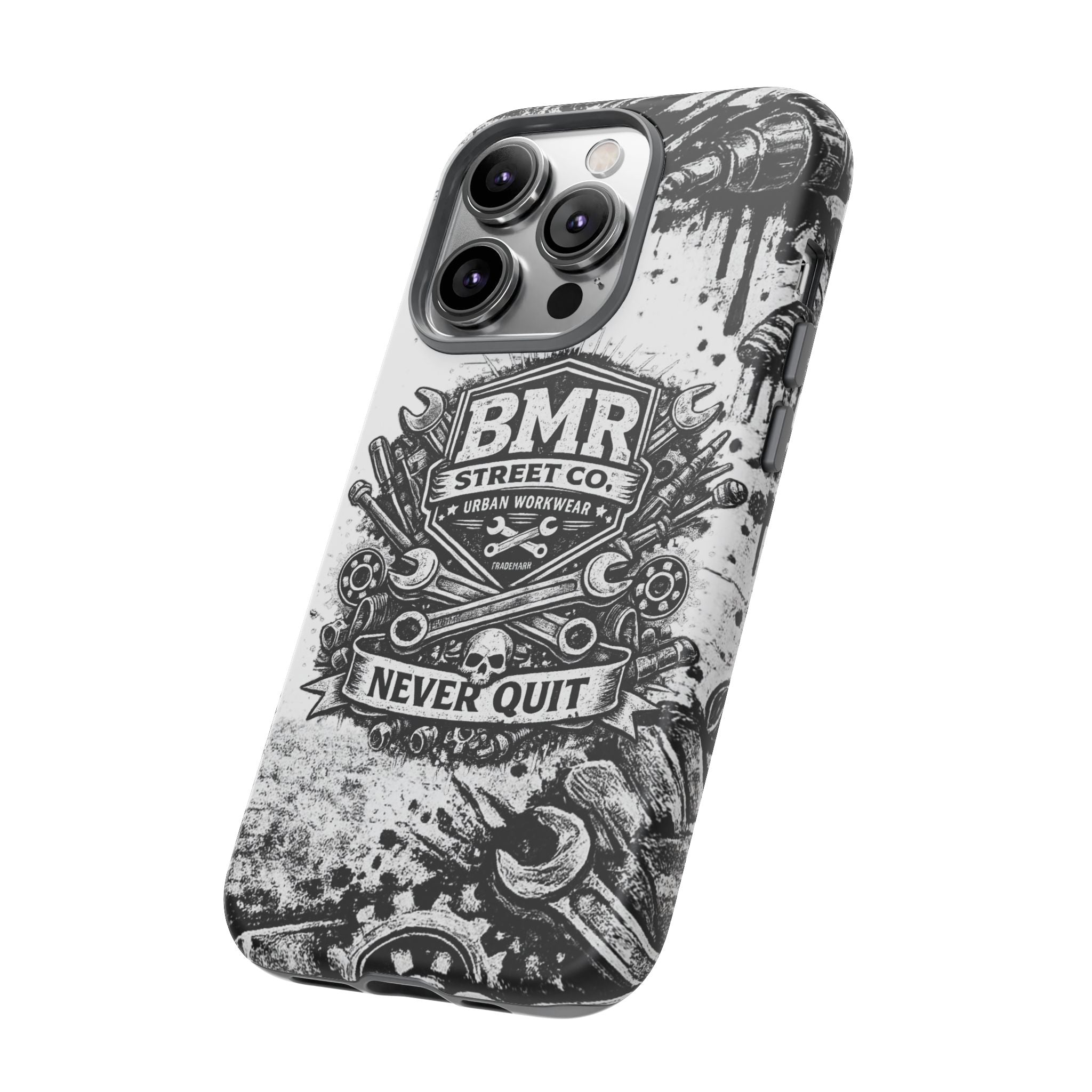 BMR Street Co. 'Never Quit' Tough Phone Case — Industrial Motorcycle Grunge Design