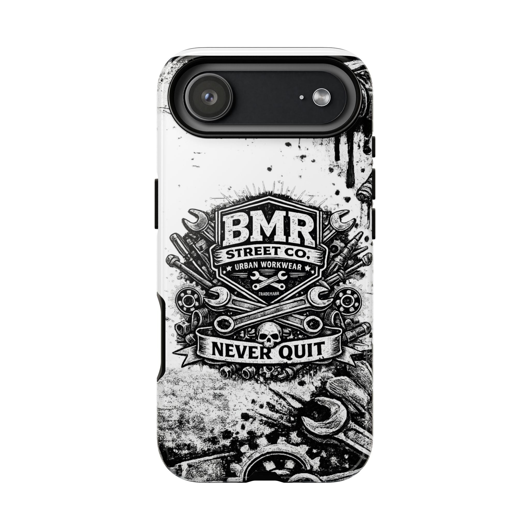 BMR Street Co. 'Never Quit' Tough Phone Case — Industrial Motorcycle Grunge Design