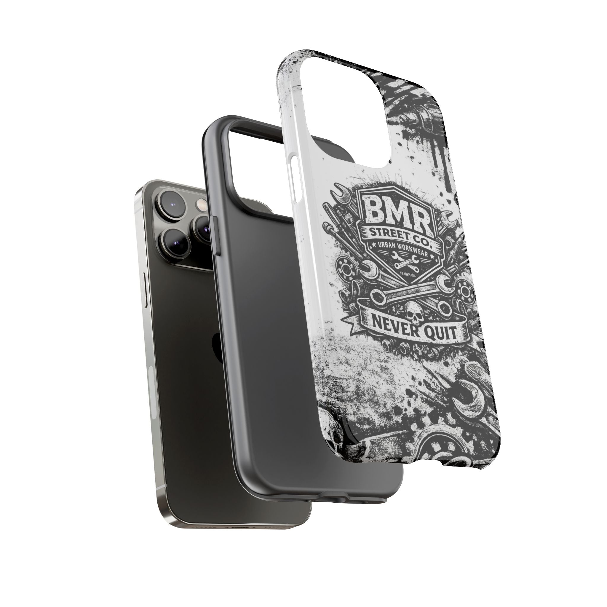 BMR Street Co. 'Never Quit' Tough Phone Case — Industrial Motorcycle Grunge Design