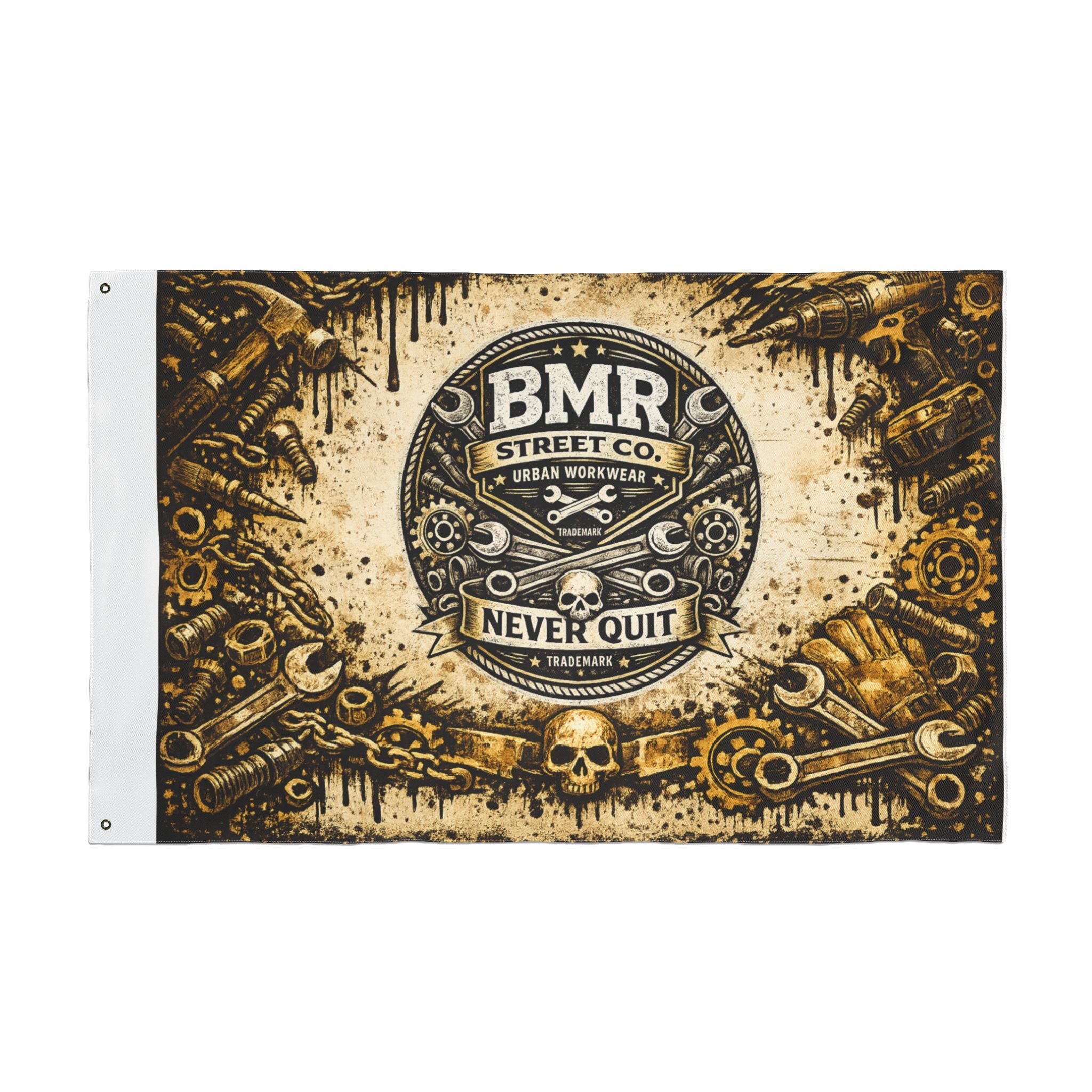 BMR Street Co. Vintage Motorcycle Skull Flag — Double-Sided Garage Banner