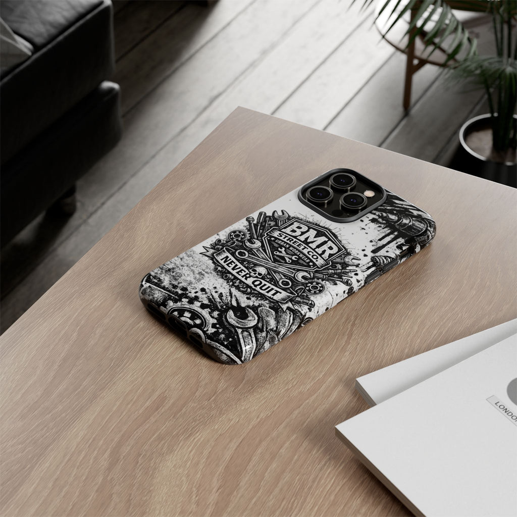 BMR Street Co. 'Never Quit' Tough Phone Case — Industrial Motorcycle Grunge Design
