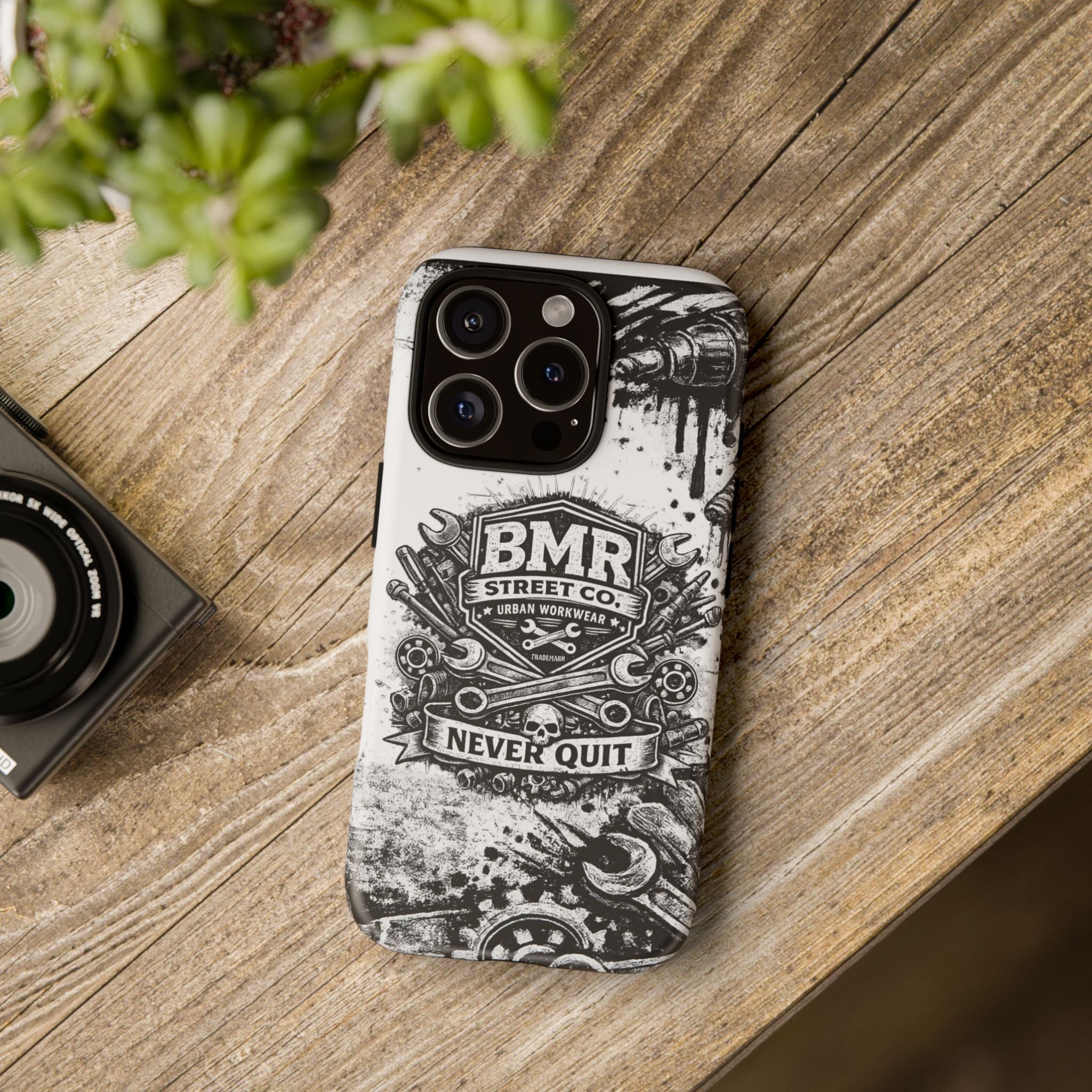 BMR Street Co. 'Never Quit' Tough Phone Case — Industrial Motorcycle Grunge Design