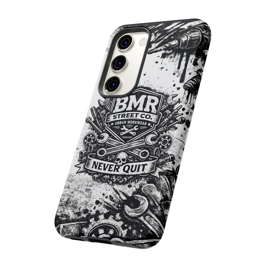 BMR Street Co. 'Never Quit' Tough Phone Case — Industrial Motorcycle Grunge Design