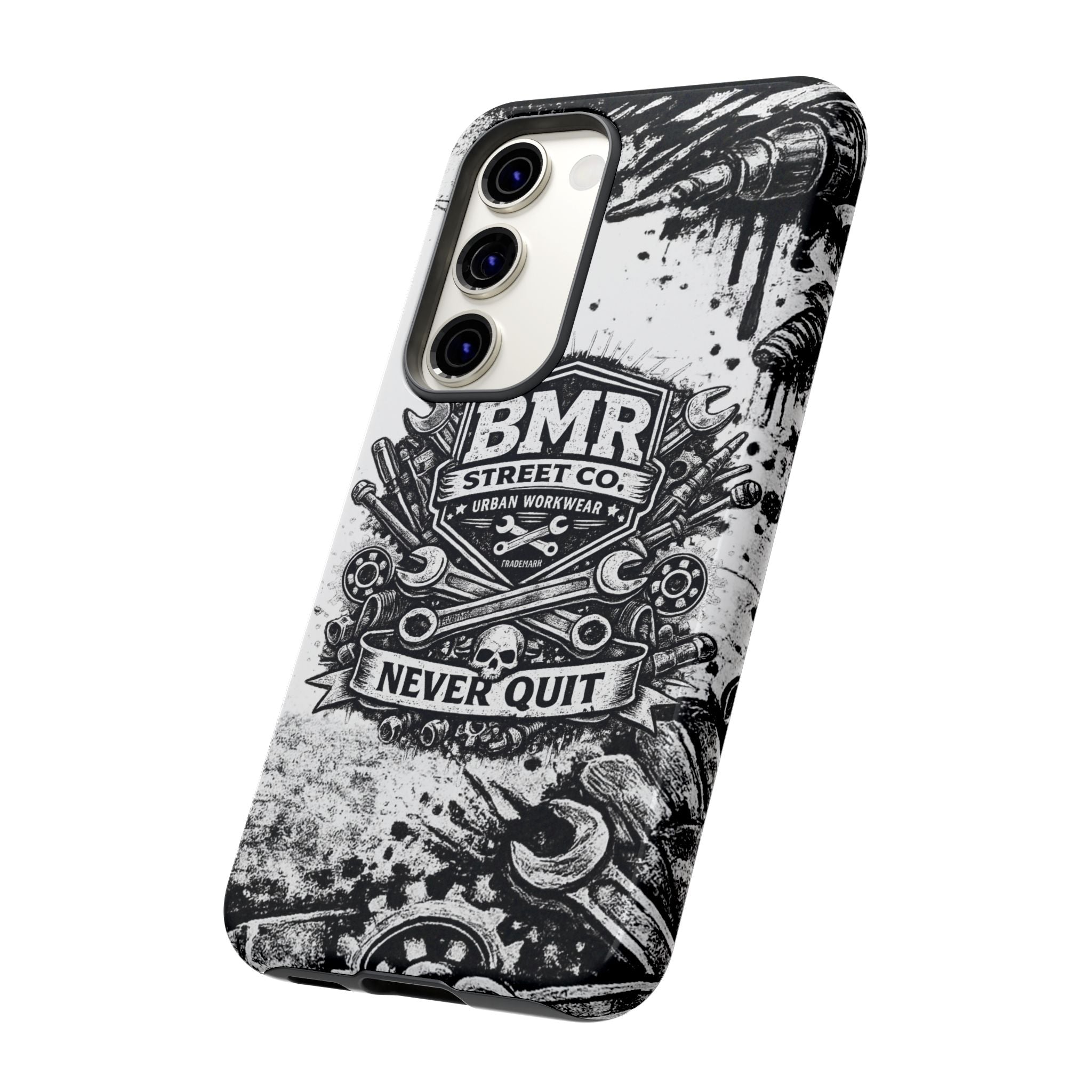 BMR Street Co. 'Never Quit' Tough Phone Case — Industrial Motorcycle Grunge Design