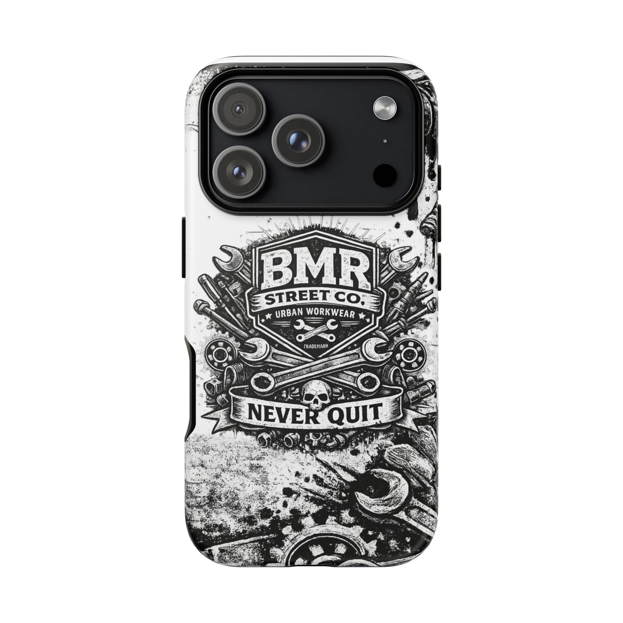 BMR Street Co. 'Never Quit' Tough Phone Case — Industrial Motorcycle Grunge Design