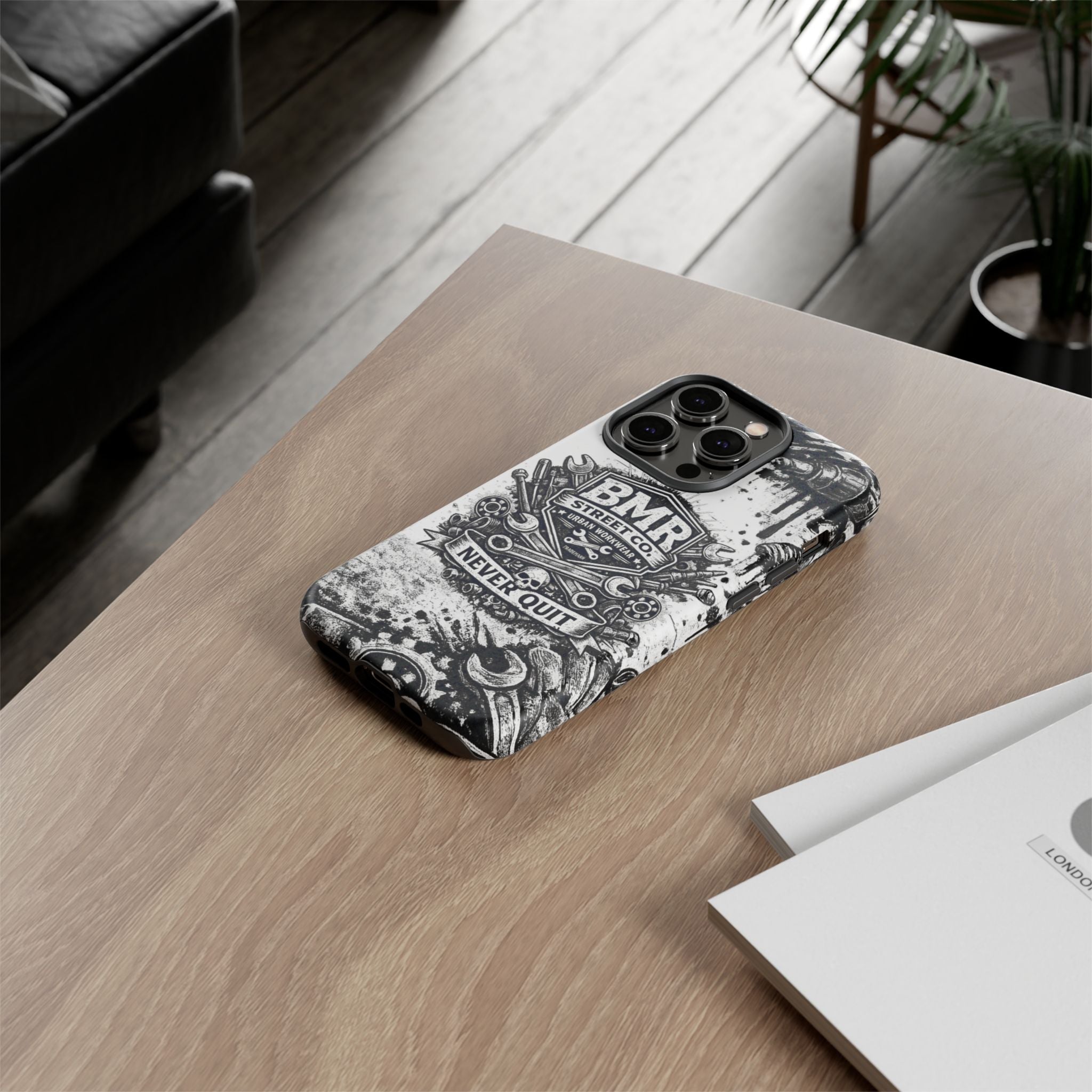 BMR Street Co. 'Never Quit' Tough Phone Case — Industrial Motorcycle Grunge Design