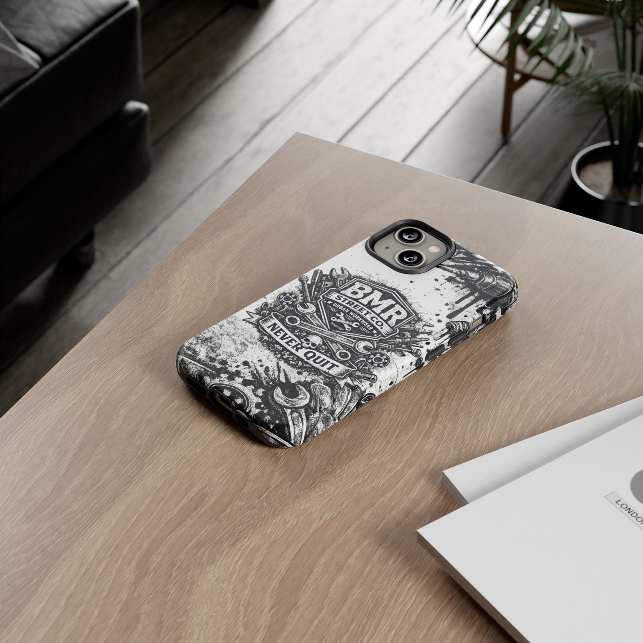 BMR Street Co. 'Never Quit' Tough Phone Case — Industrial Motorcycle Grunge Design
