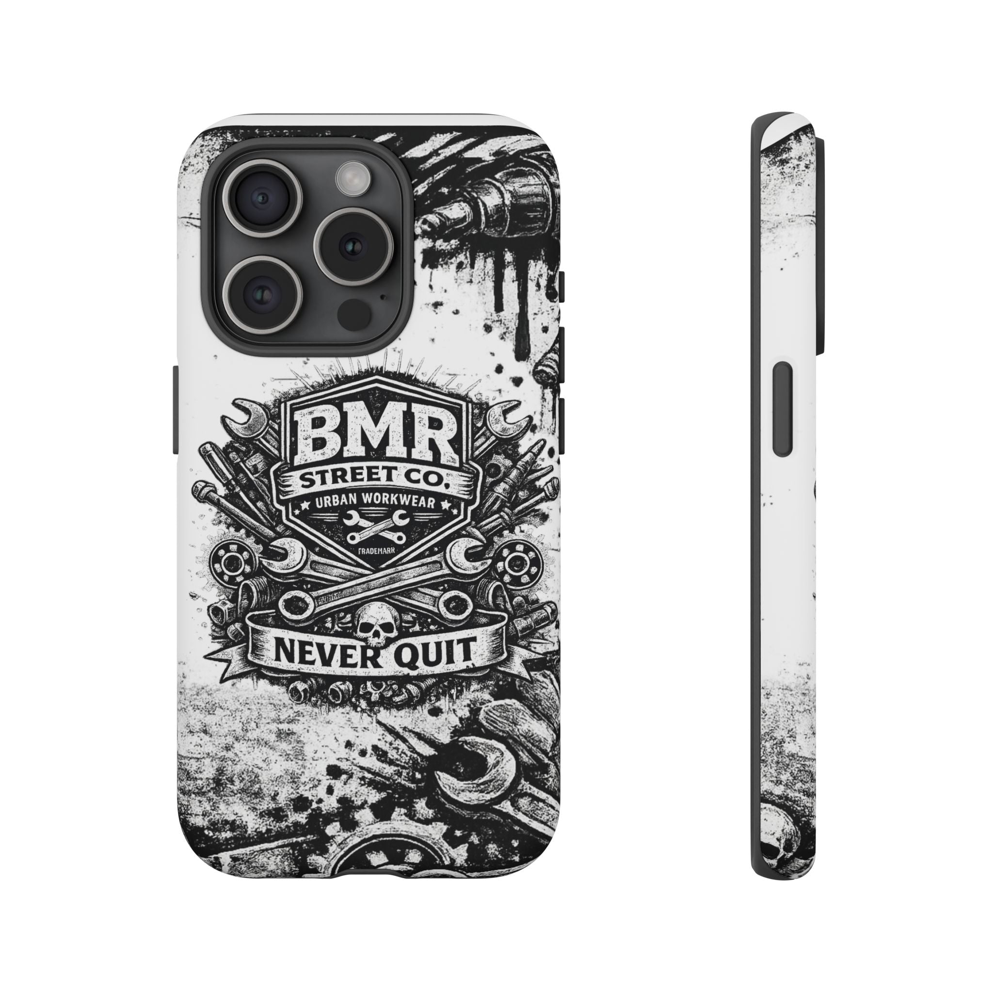 BMR Street Co. 'Never Quit' Tough Phone Case — Industrial Motorcycle Grunge Design