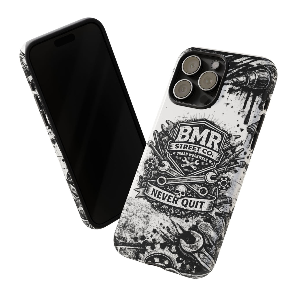 BMR Street Co. 'Never Quit' Tough Phone Case — Industrial Motorcycle Grunge Design